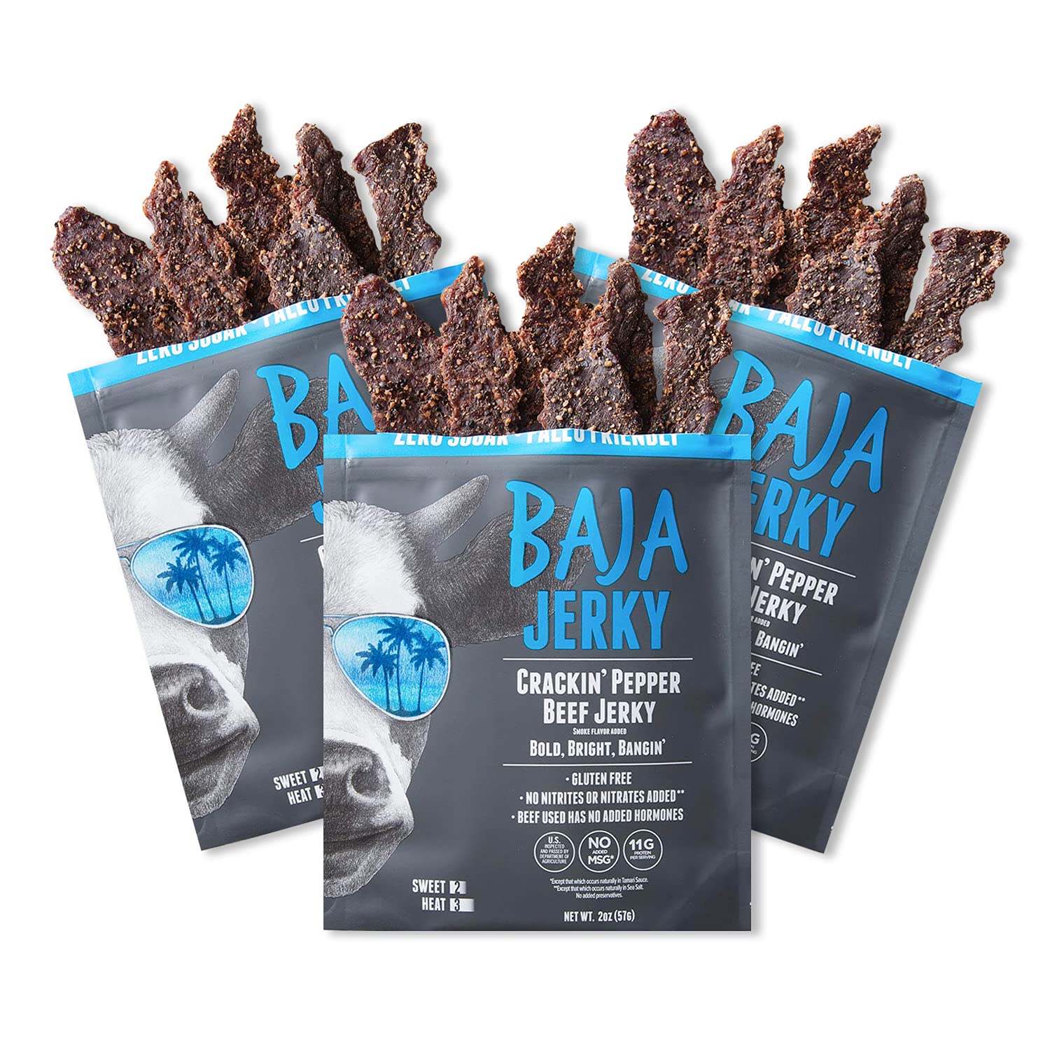 Baja Beef Jerky - 100% All Natural Beef Jerky, Keto Jerky, Gluten Free, Low Calorie Craft Jerky, 11g Protein per Serving, No Nitrates or Added Hormones - Crackin' Pepper, 2 oz Bag (Pack of 3)