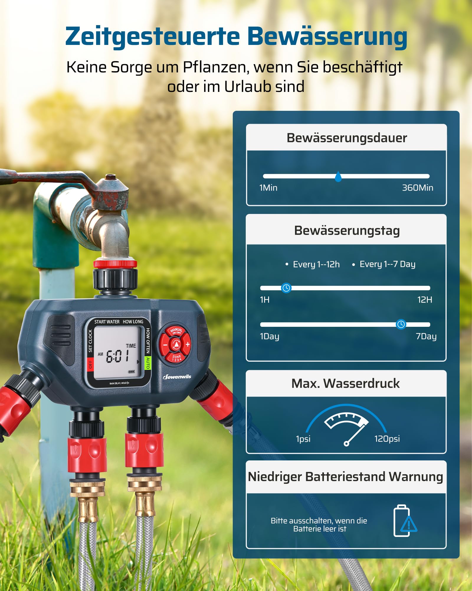 DEWENWILS Bewässerungscomputer 4 Ausgänge, 4 Bewässerungsprogramme für Jede Zone, Garten Bewässerungsuhr, Automatische Bewässerung Zeitschaltuhr mit Regenverzögertem/Manuellem/Automatischem Modus