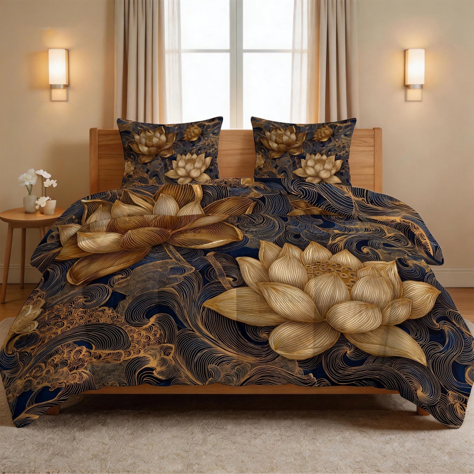 Couette hypoallergénique lavable motif vagues Lotus Doré 1 personne
