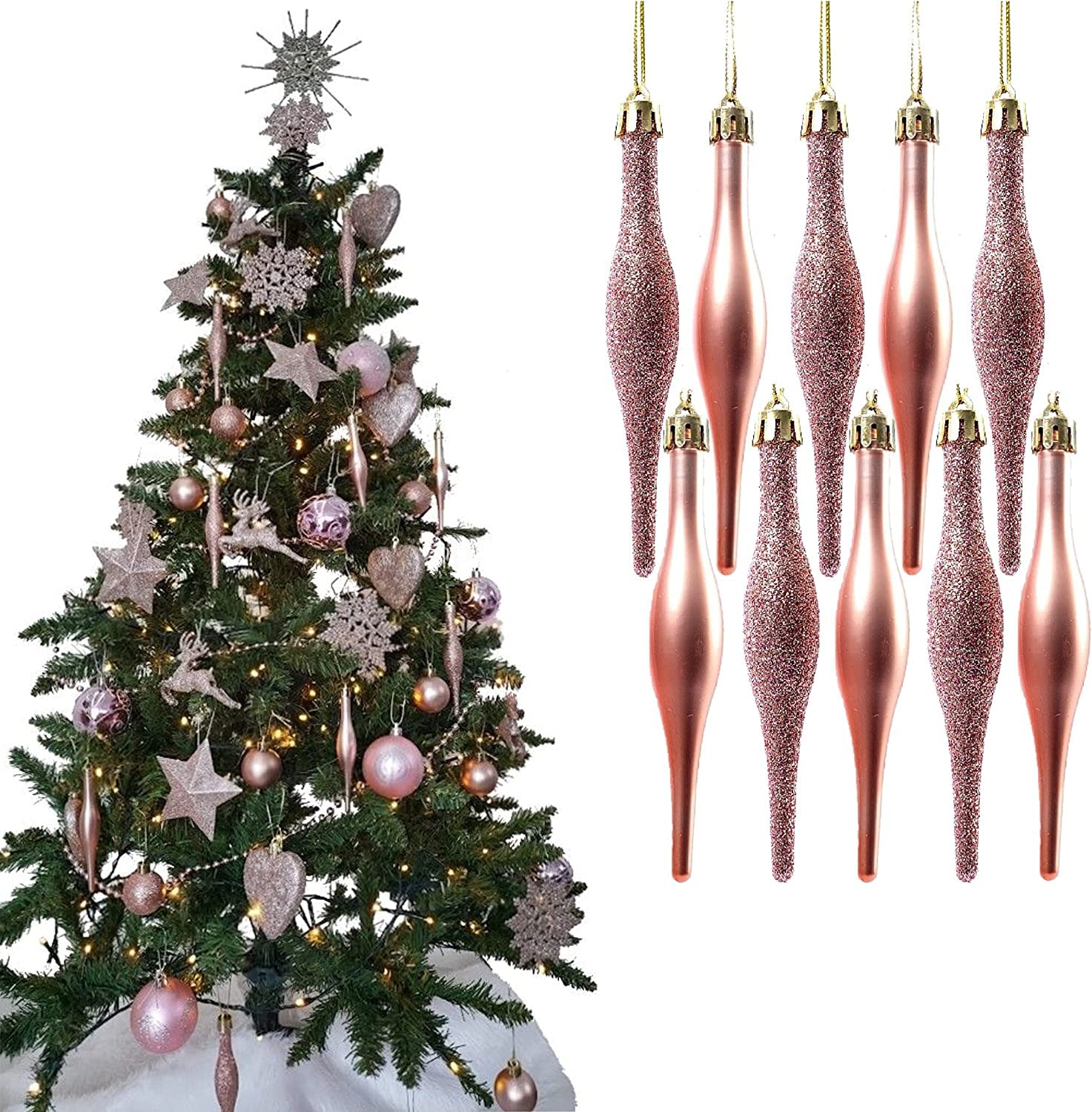 Ukdeals Direct Pack Of 10 Droplets 120Mm Ukdeals Direct® Rose Gold Collection Christmas Droplet Baubles Tree Decorations Glitter Matt Icicles (Pack Of 10 Droplets 120Mm)