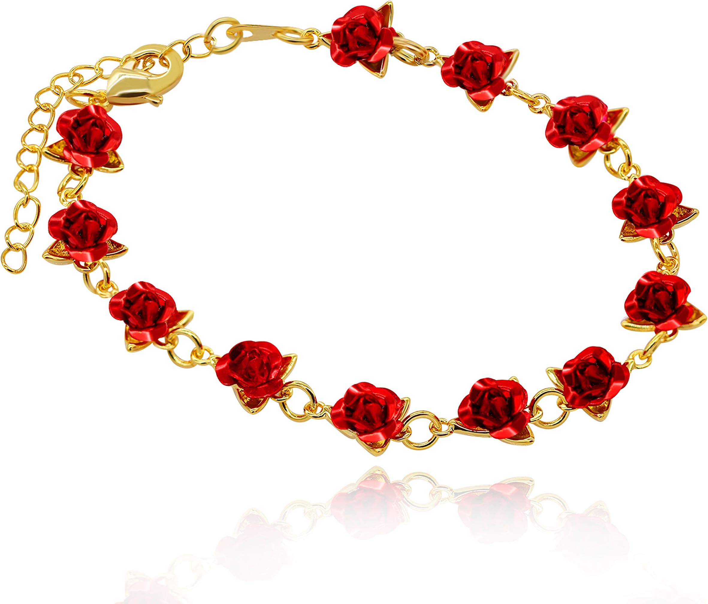UloveidoCute Red Rose Flower Charm Bracelet for Women Girls 18K Gold Plated Nature Jewelry, Dozen Roses Link Bracelets Y452
