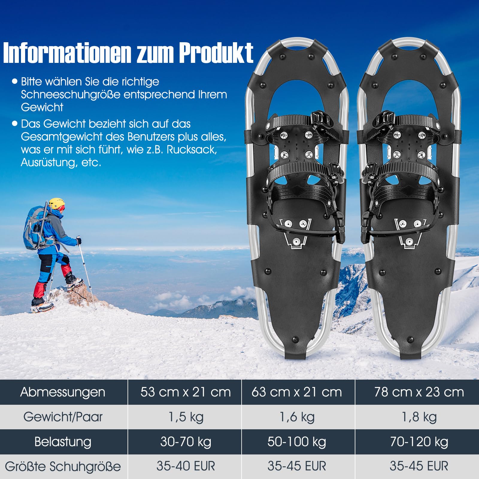 GYMAX leichte Alu Schneeschuhe, Geländeschneeschuh Set mit verstellbar Trekkingstöcke & Tragetasche, Bergausrüstung Wandern auf Schnee für Männer, Frauen, Jugendliche