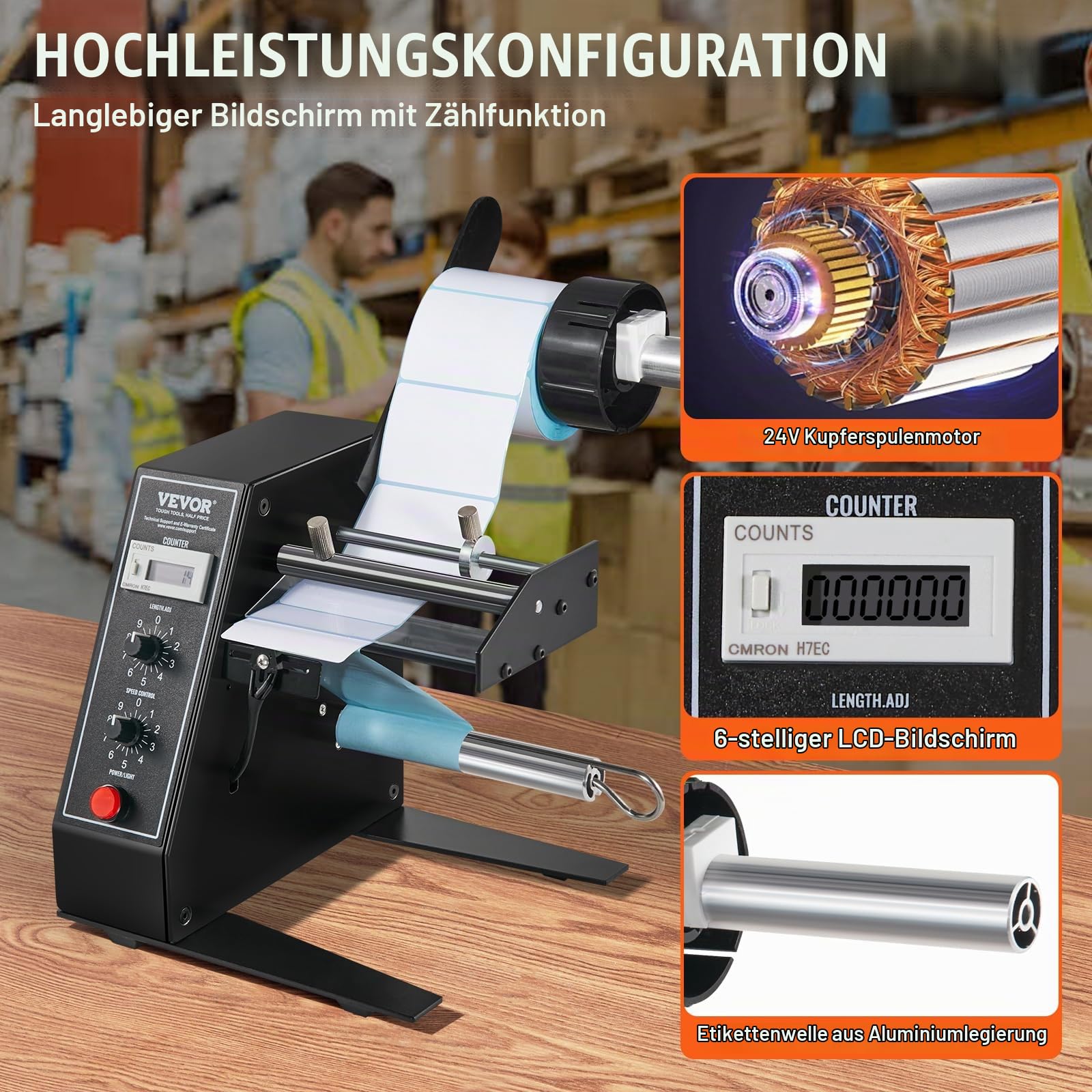 VEVOR Automatischer Etikettenspender, Breite 15-125 mm, Länge 3-150 mm, Etikettenabstreifer, Etikettentrennmaschine, stufenlose Geschwindigkeitseinstellung, Etikettenapplikator, max. Zählung 0-999999