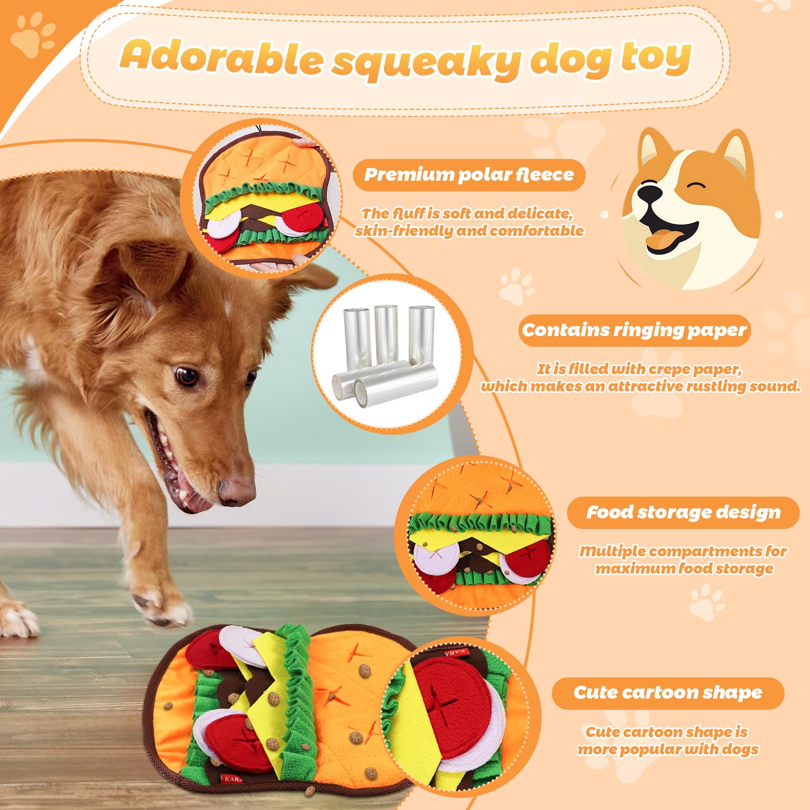 Interactive Dog Toy for Slow Feeding Cartoon Sniffing Dog Toys Soft Fleece Fabric Dog Puzzle Toy with Crinkle Paper Chew Dog Toy for Relieves Stress Boredom Engaging Treat Dispensing Dog (Burger) - Image 3