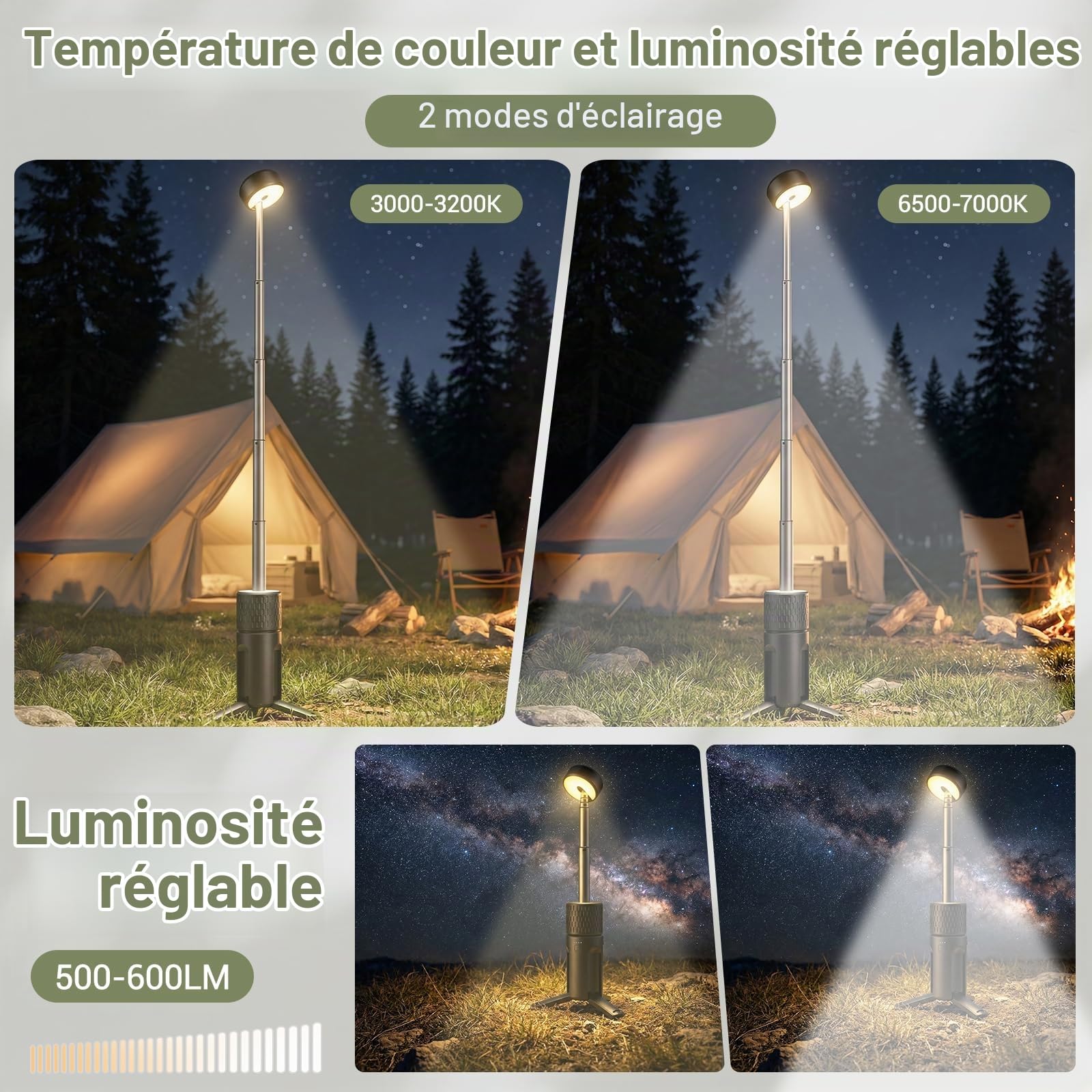 Lampes de camping télescopiques rechargeables 5400 mAh, étanches IP54 | lampe de tente de camping portable à LED, lampe de travail 600 lumens, 3 000/7 000 K, intensité réglable