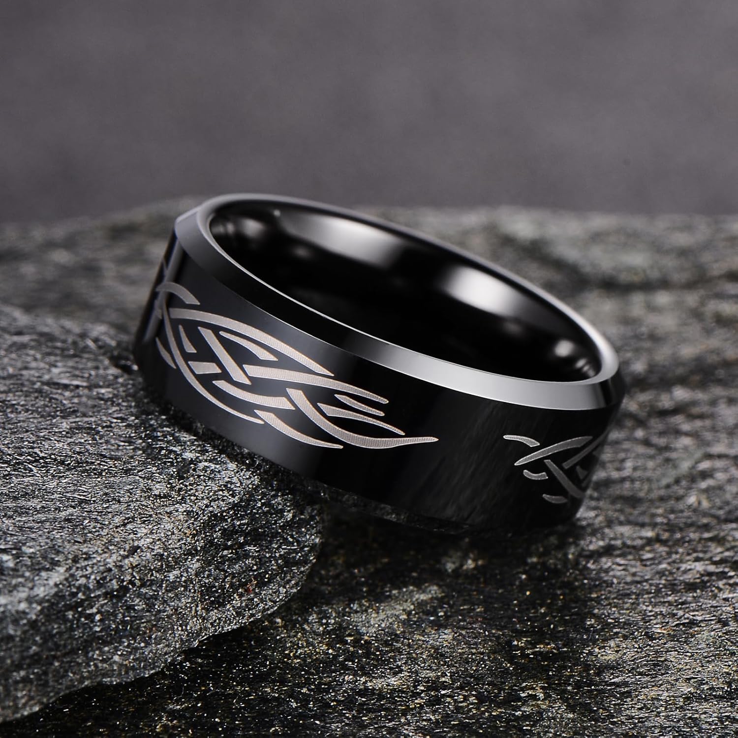 Tungsten Wedding Band for Men, 8mm Wide Laser-Etched Pattern, Comfort Fit Modern Fashion Ring - Image 5