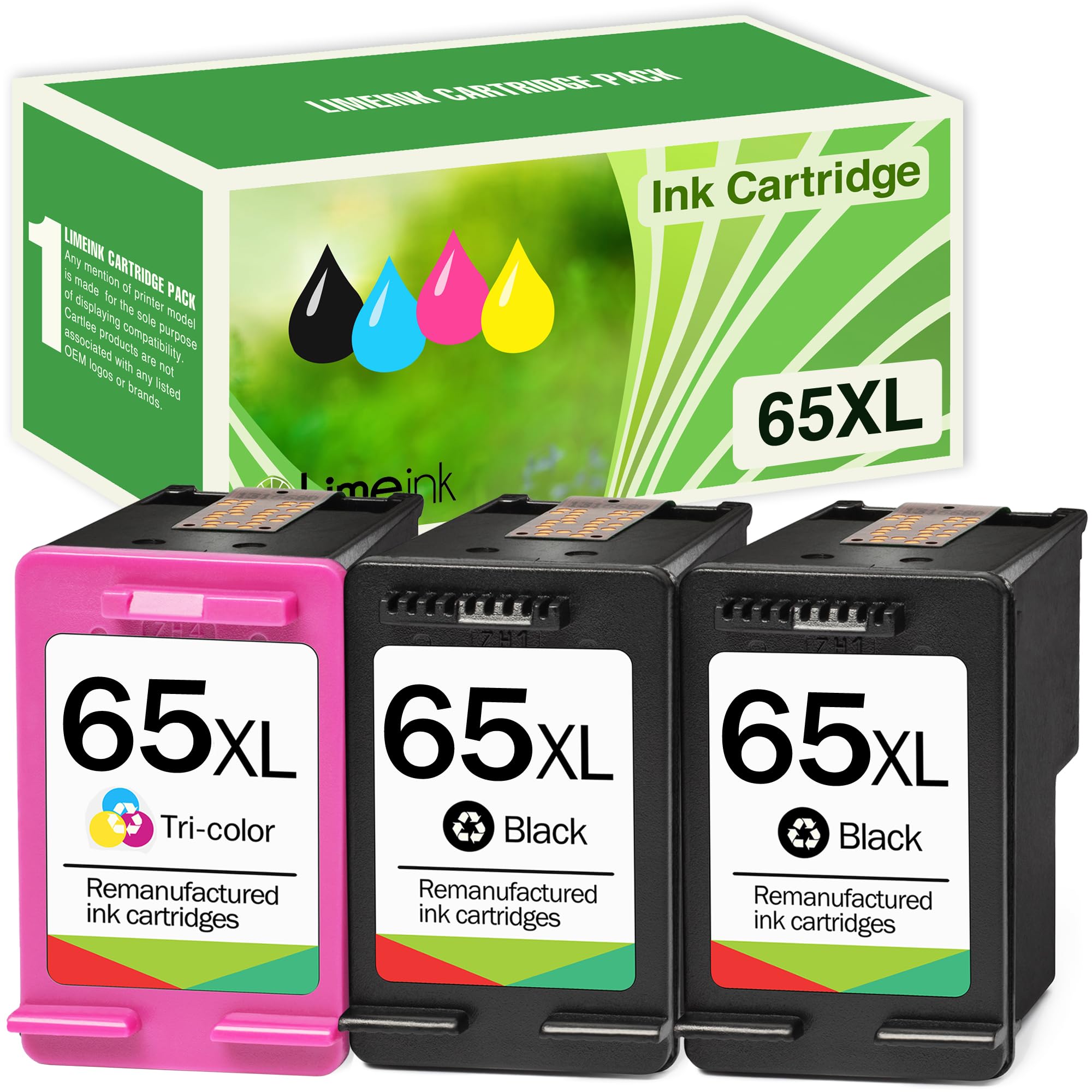 Limeink3 Remanufactured Ink Cartridges Replacement for HP Ink 65 65XL for HP 65 Cartridges Black Color Combo Pack for HP65 XL 65xl Cartridge for Printers XL 2 BK, 1 Color