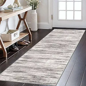 KOZYFLY Modern Abstract Kitchen Runner Rug, 2x6 Washable Rug Runner Non-Slip Soft Striped Hallway Runner Rugs, Grey Beige Print Distressed Carpet Runner for Entryway Bathroom Laundry Room Foyer