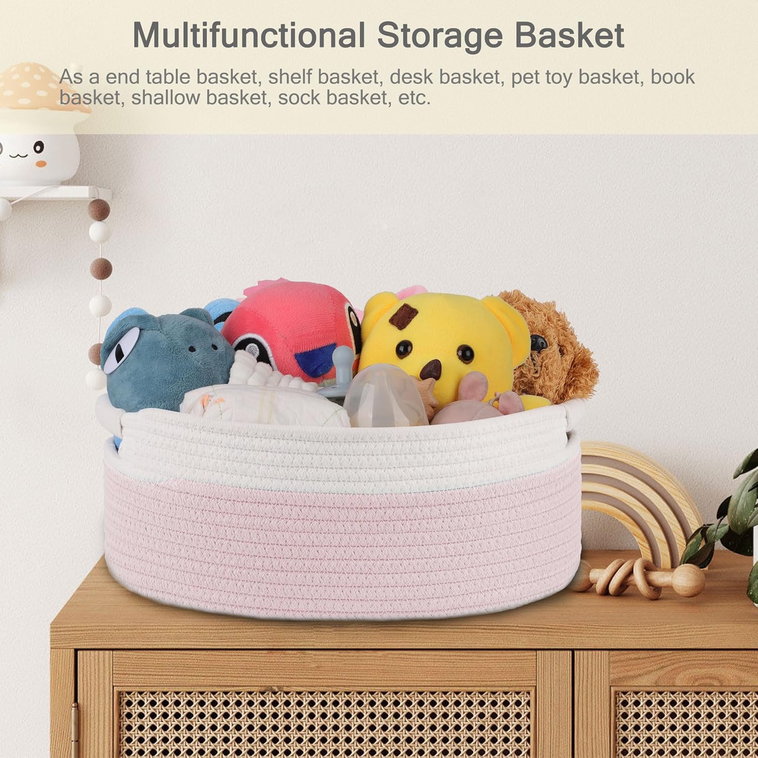 Small Woven Basket with Gift Bags and Ribbons, Empty Baby Gift Baskets, Shelf Storage, Small Cat Dog Pet Toy Boxes, 13”x 9”x 5.5”, Light Pink - Image 7