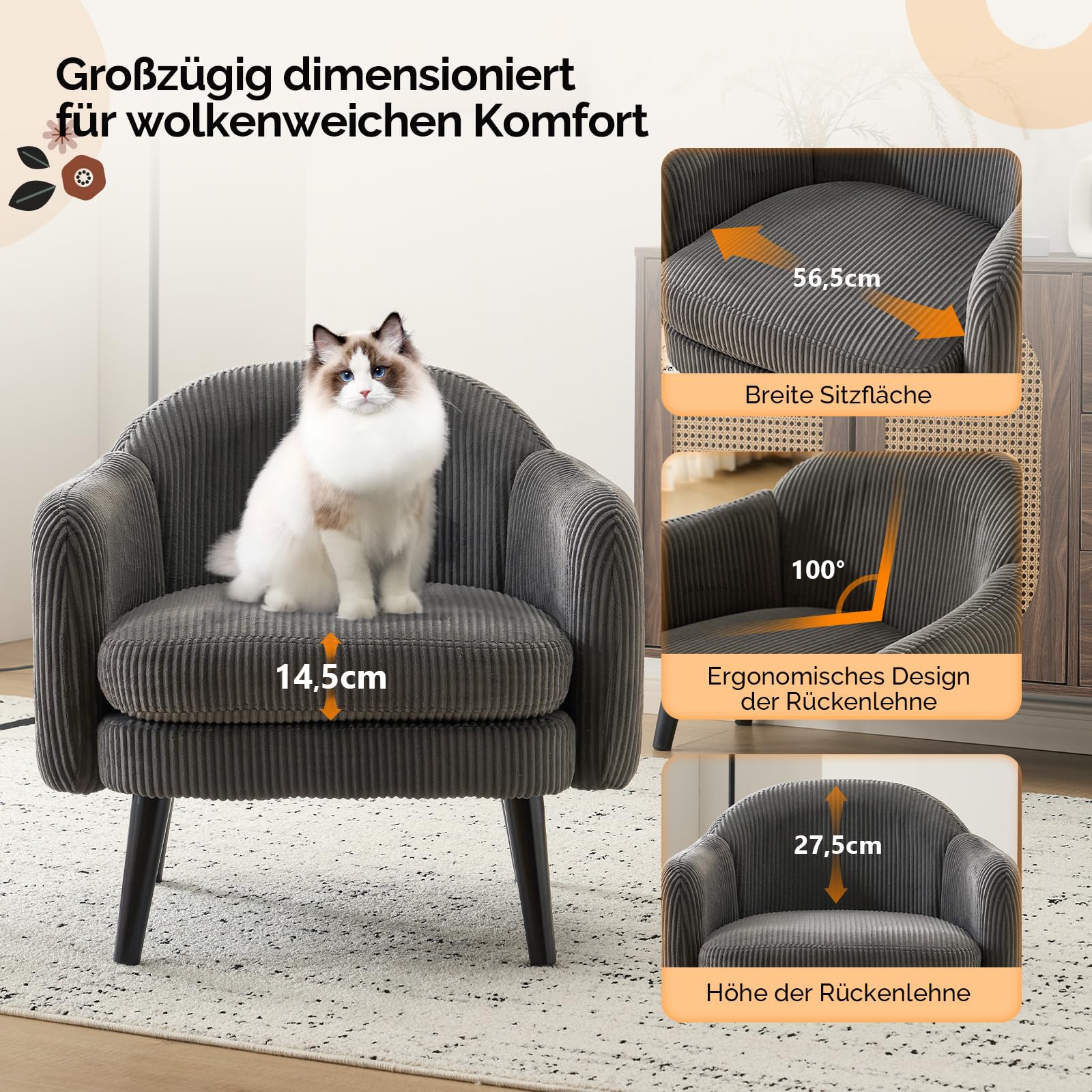 Bonnlo Sessel Gepolsterter Cocktailsessel, Moderner Loungesessel für Wohnzimmer, Lesesessel, Clubsessel, bis 113 kg belastbar, Schlafzimmer, Büro oder Wartebereich (Cord-Stoff, Dunkelgrau)