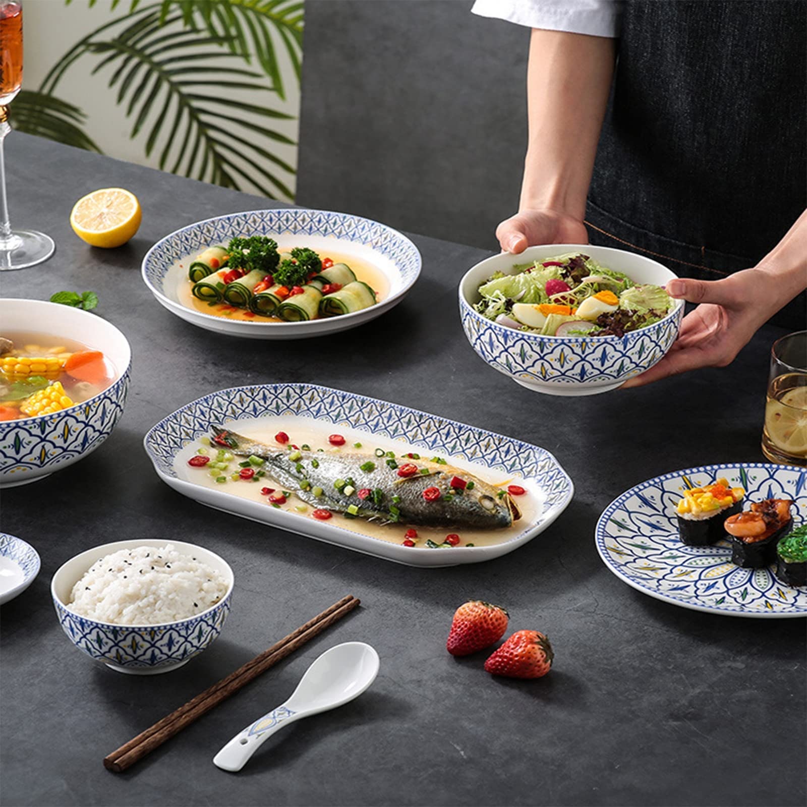 Service de Table en céramique pour 6 à 25 pièces, Service de Vaisselle, Services de Table de Cuisine avec Assiettes Plates, Assiettes à Salade et Bols, Lavable (