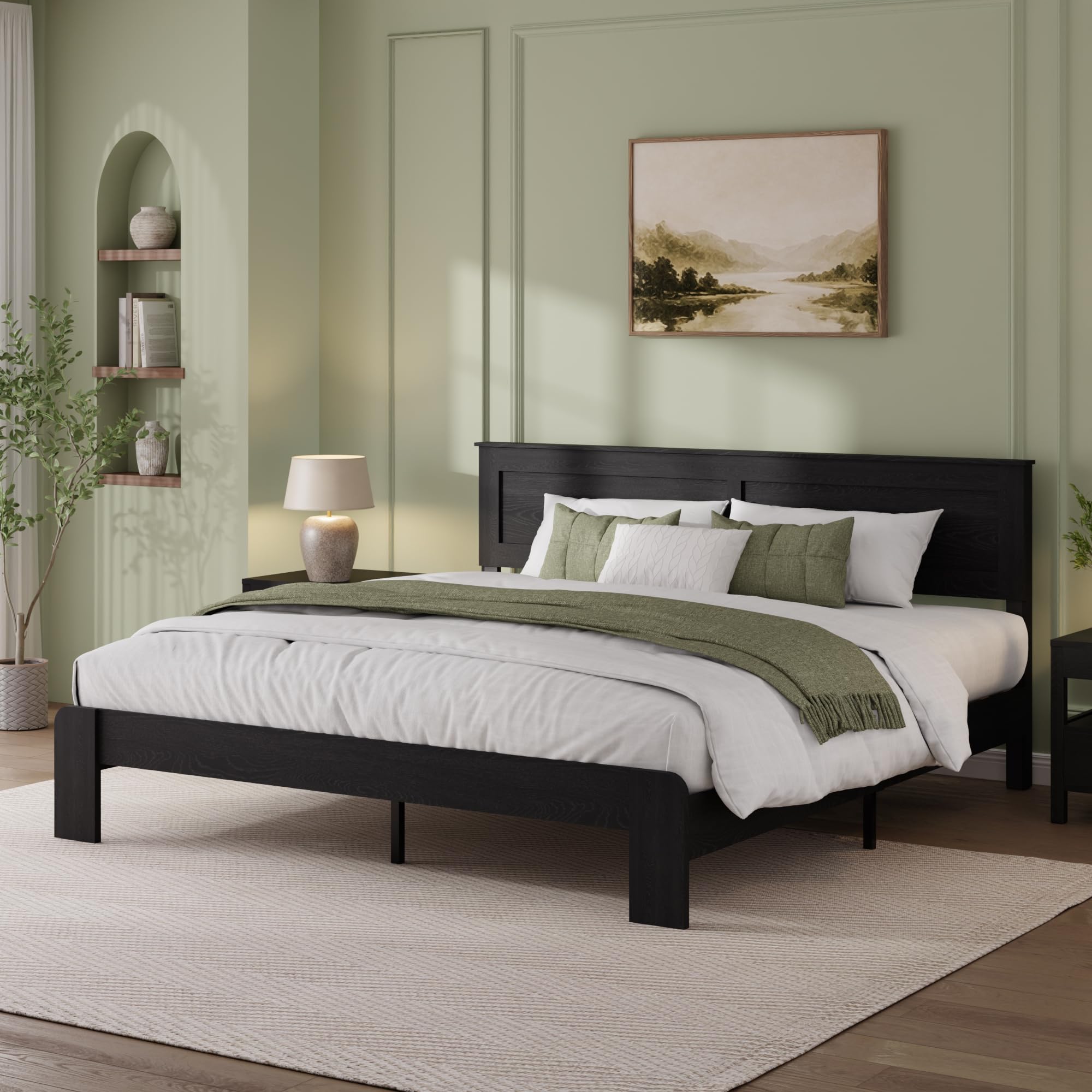 king size farmhouse bed frame with headboard shelf, rustic black wood platform bed frame with geometric headboard, sturdy wood slats, noise free, no box spring needed, easy assembly box1/2 only