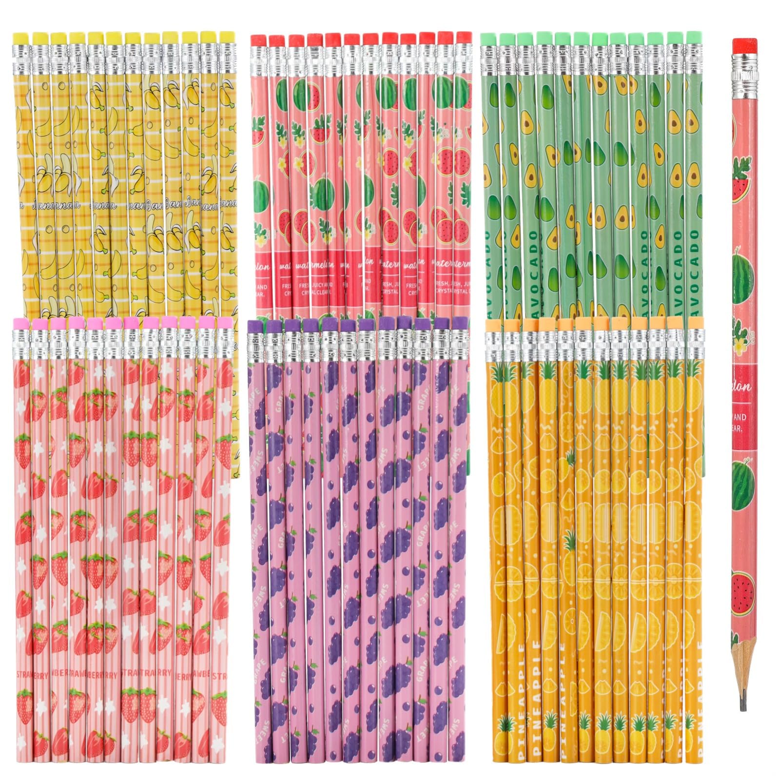Lot de 240 crayons colorés en bois HB avec motifs de fruits amusants pour étudiants, récompenses et cadeaux