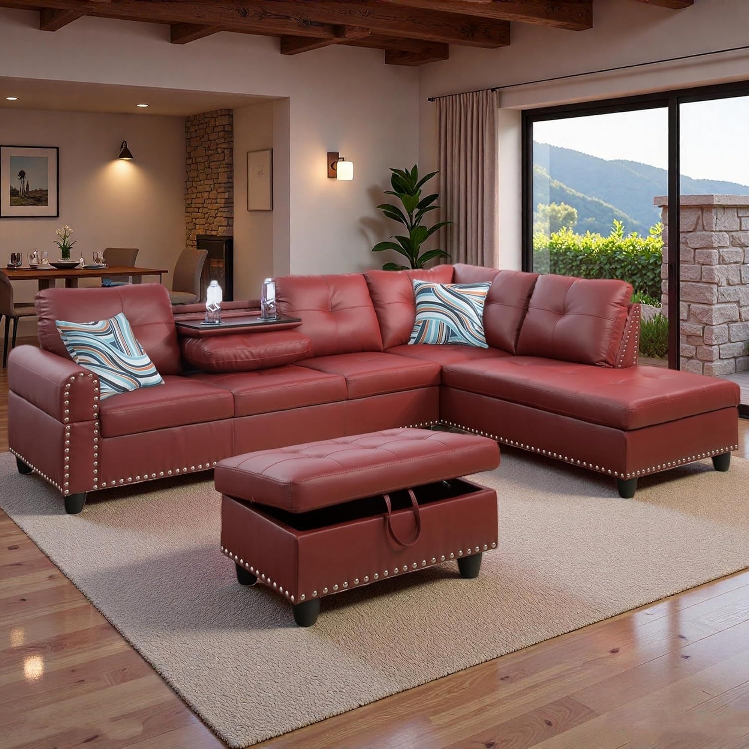 Sectional Couches for Living Room with Movable Chaise & Storage Ottoman - 97.5" Leather L Shaped Couches for Living Room Apartment, Home Modular Sectional Sofas with Cup Holder, Red