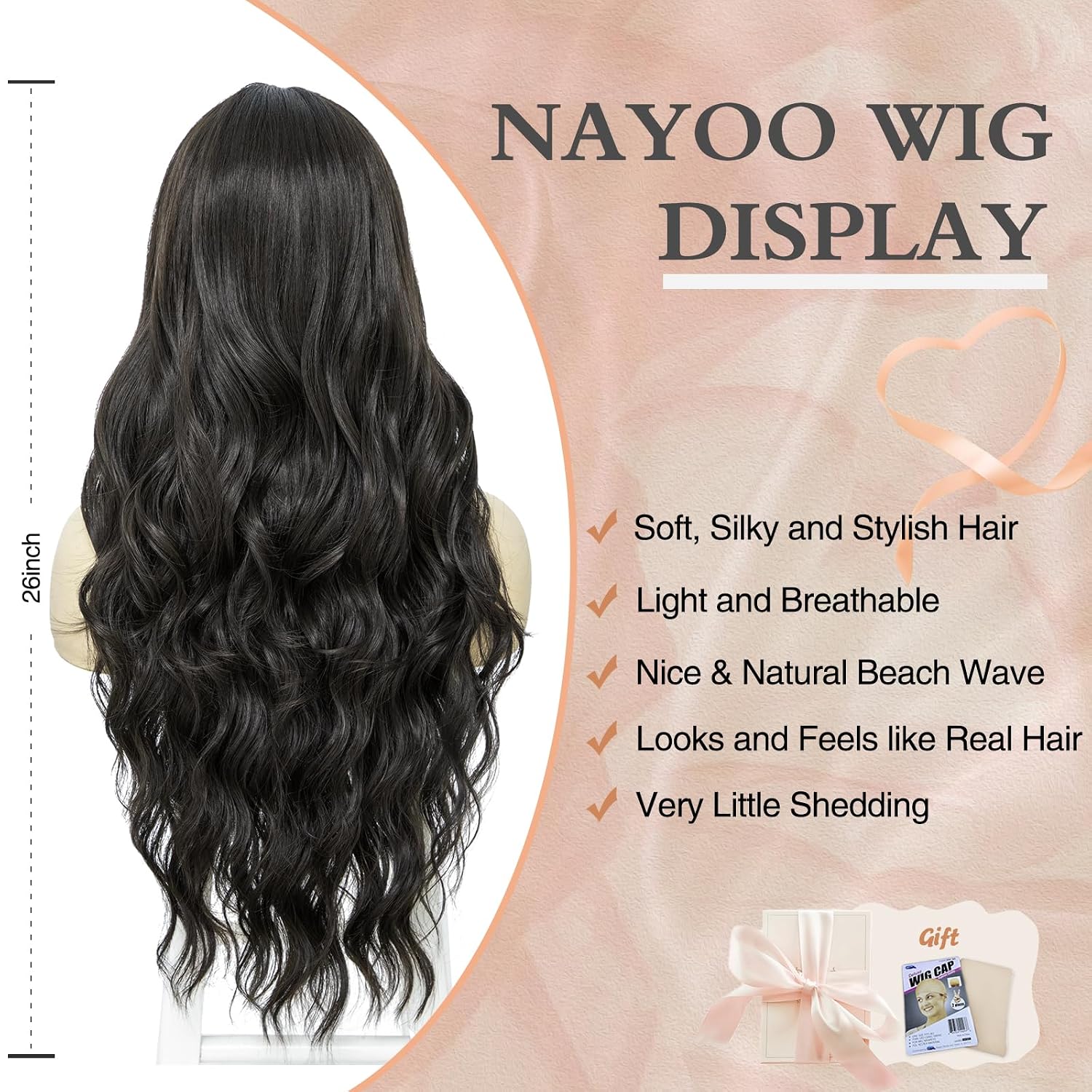 NAYOO 26 Inch Long Wavy Black Wig for Women, Middle Part Natural Looking Synthetic Wig, Heat Resistant Fiber Soft & Lightweight, Realistic Scalp Long Curly Wig for Daily Wear Party Cosplay