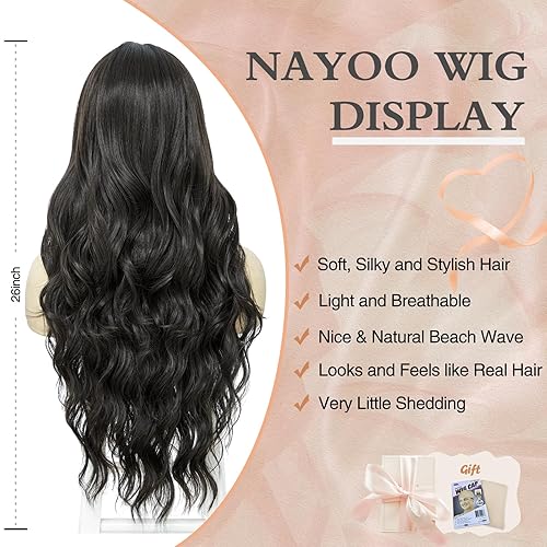 Miniatura 2 de NAYOO Peluca larga negra para mujer, pelucas de cabello negro de 26 pulgadas de largo, peluca larga negra de aspecto natural, pelucas onduladas
