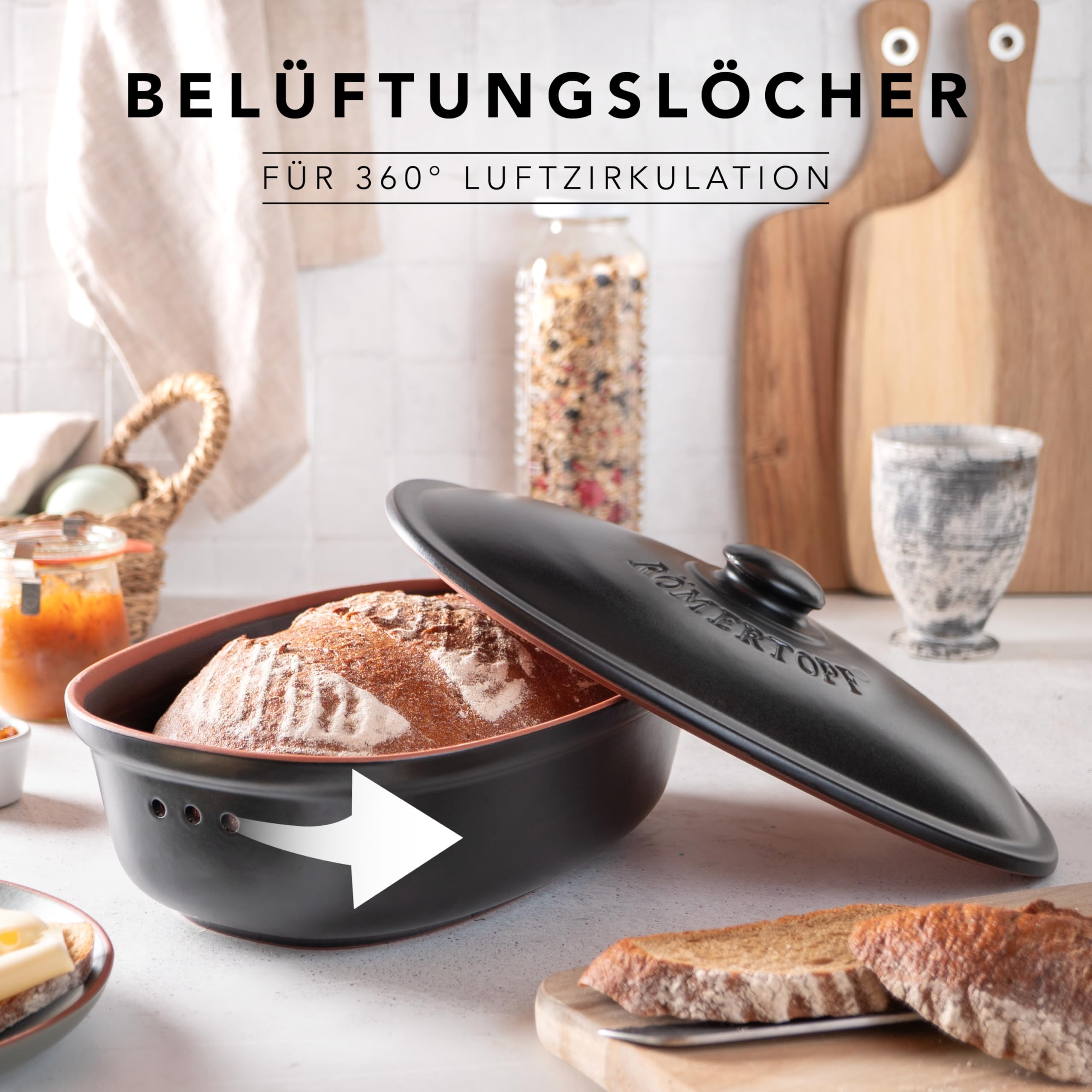 Römertopf Brottopf klein oval 2,3 L (MEDI) – kompakter Brotkasten aus Keramik mit Deckel für 1–2 Personen, hält Brot und Toastbrot frisch, atmungsaktiver Tontopf – Schwarz