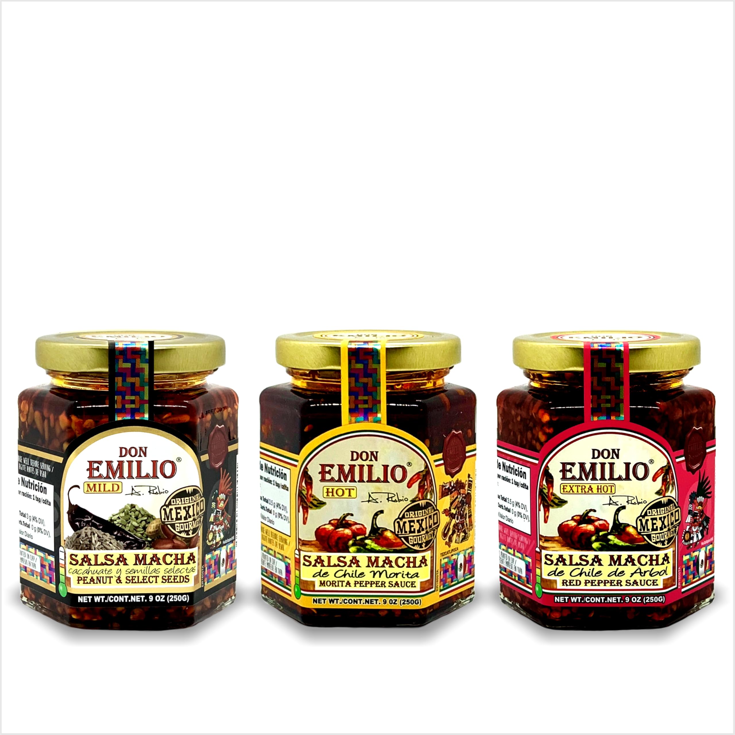 Don Emilio Salsa Macha 3 Pack, Mild Chili Crisp Oil, Medium with Peanuts and Select Seeds, Hot Morita Extra Red Pepper Macha, All Natural Chili, Vegan, KETO, Pack of 9 oz, 39OZ