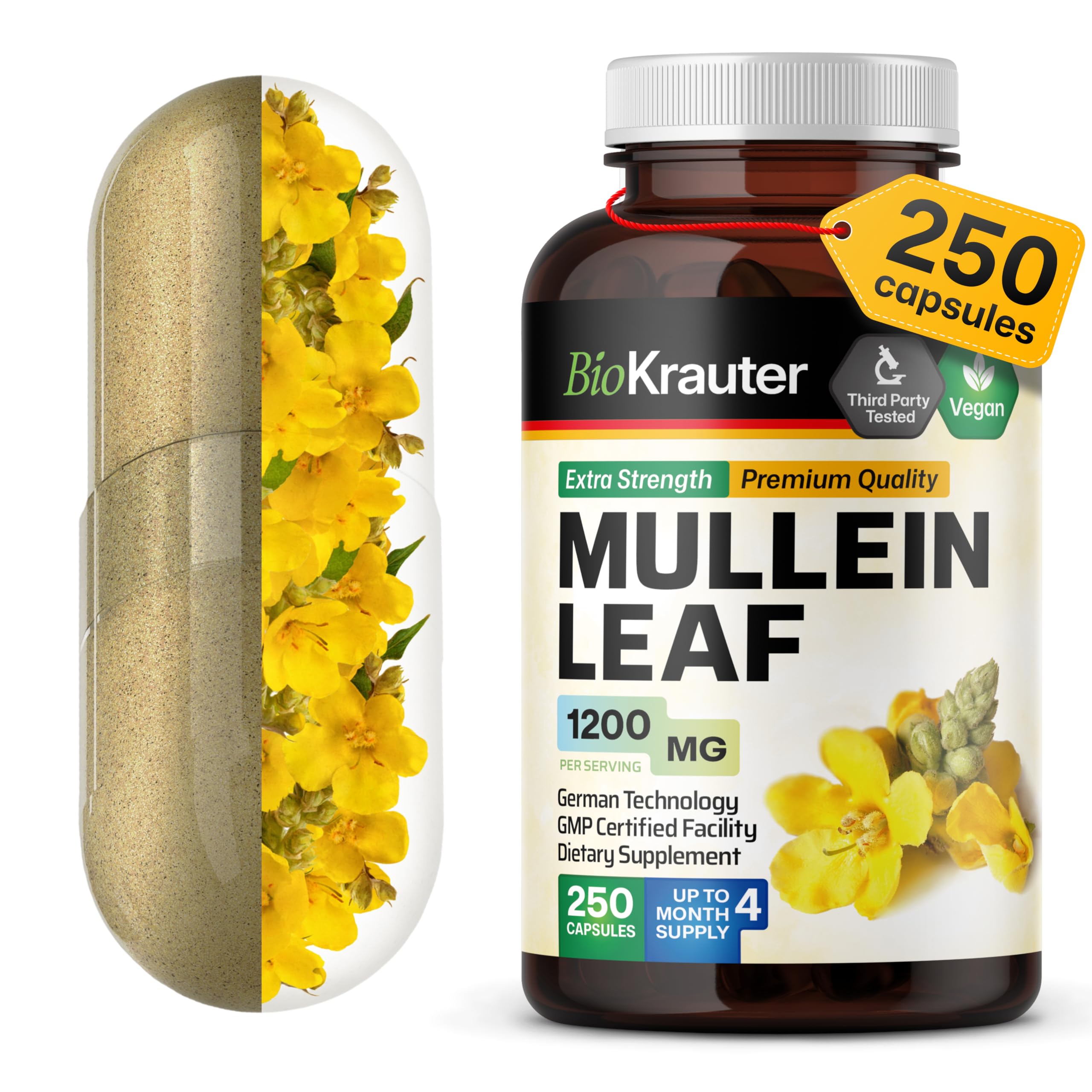 BIO KRAUTER Mullein 100 Capsules, 1200MG, Organic Mullein Leaf (Verbascum Densiflorum)