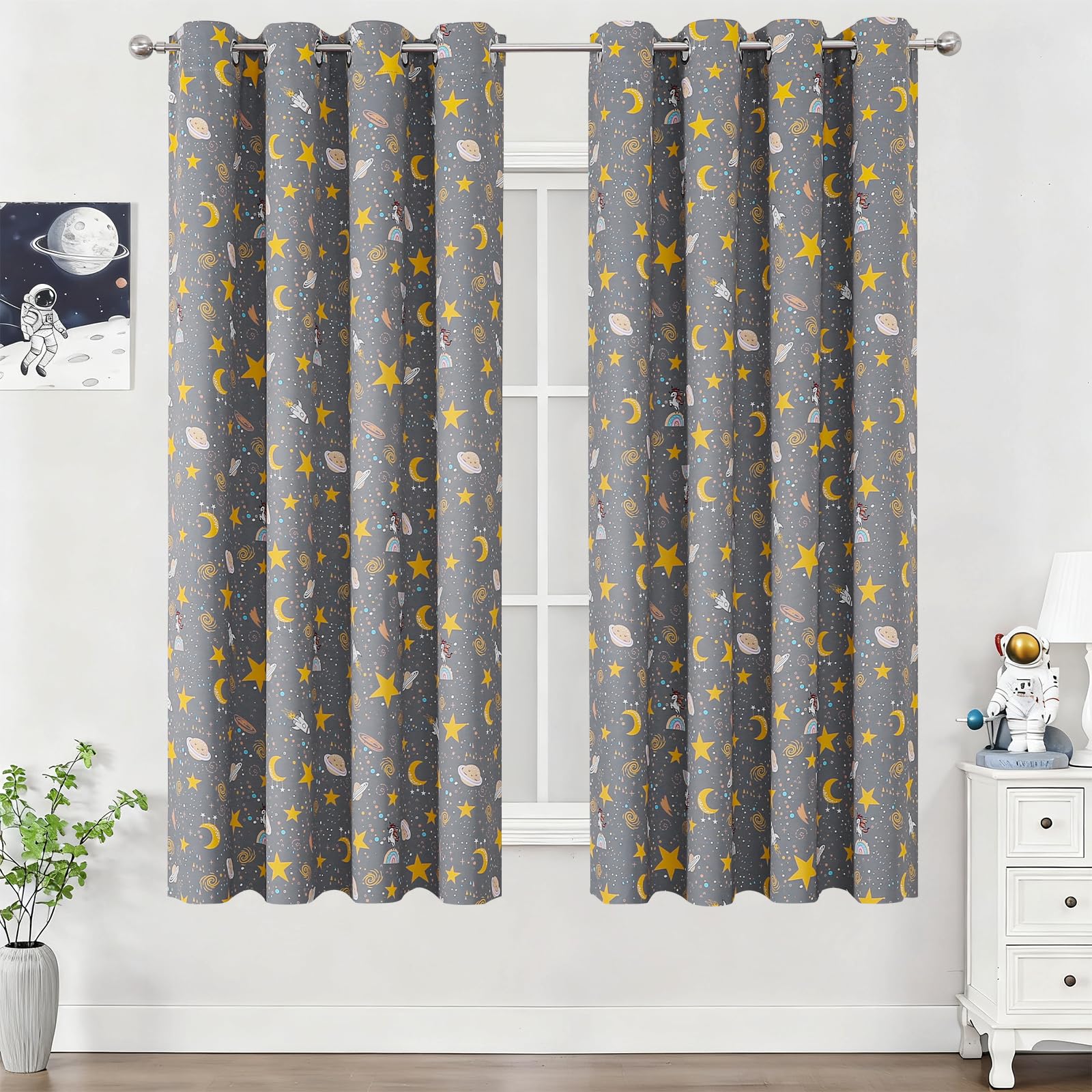 Unicorn Planet Grey Room Darkening Curtains 63 Inch Length for Kids Bedroom