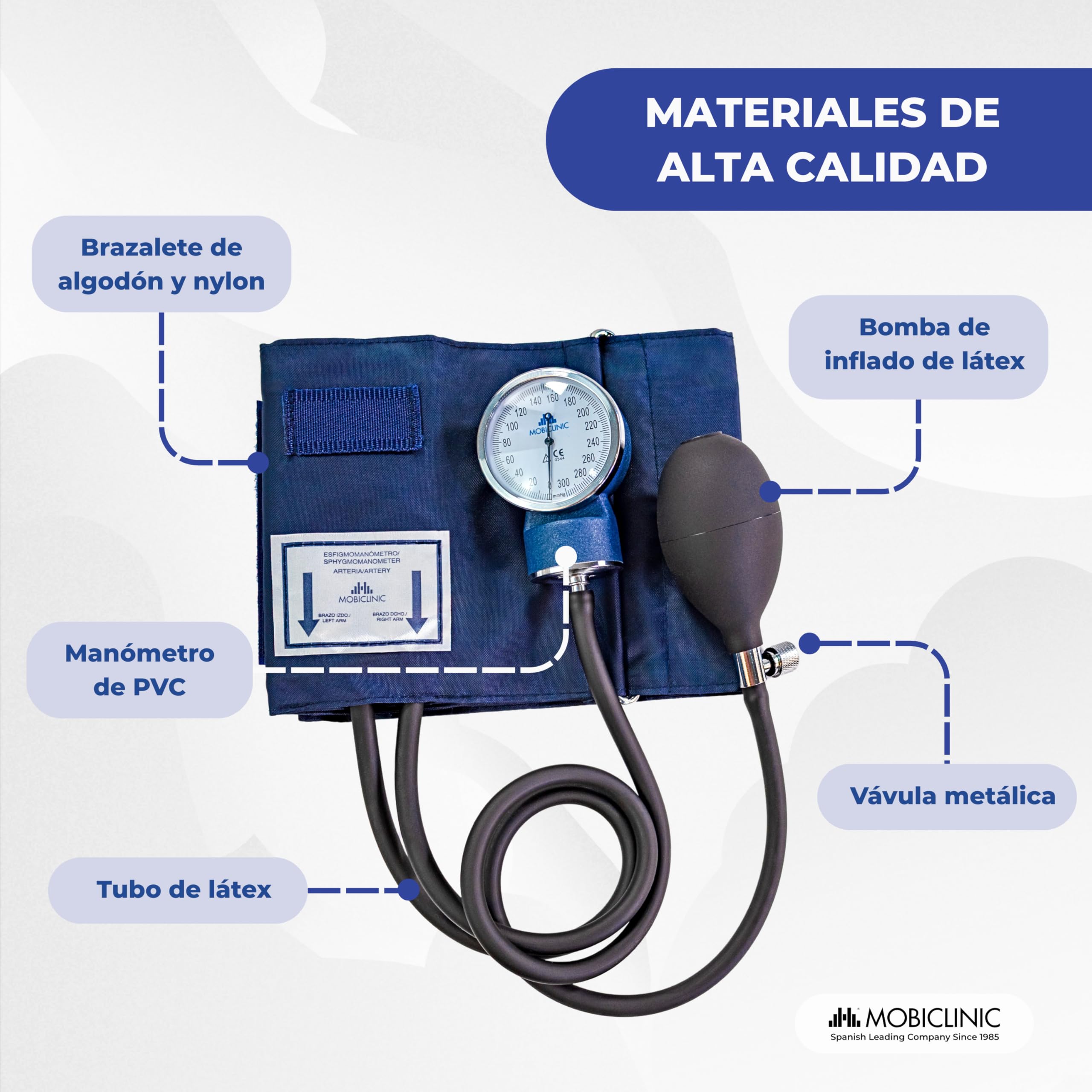 Mobiclinic, Tensiómetro de brazo, Doble salida, Incluye estuche, Medidor tensión aneroide, Medición presión arterial, Marca española, Precisión, Bomba goma, Ligero, Fácil usar, Azul