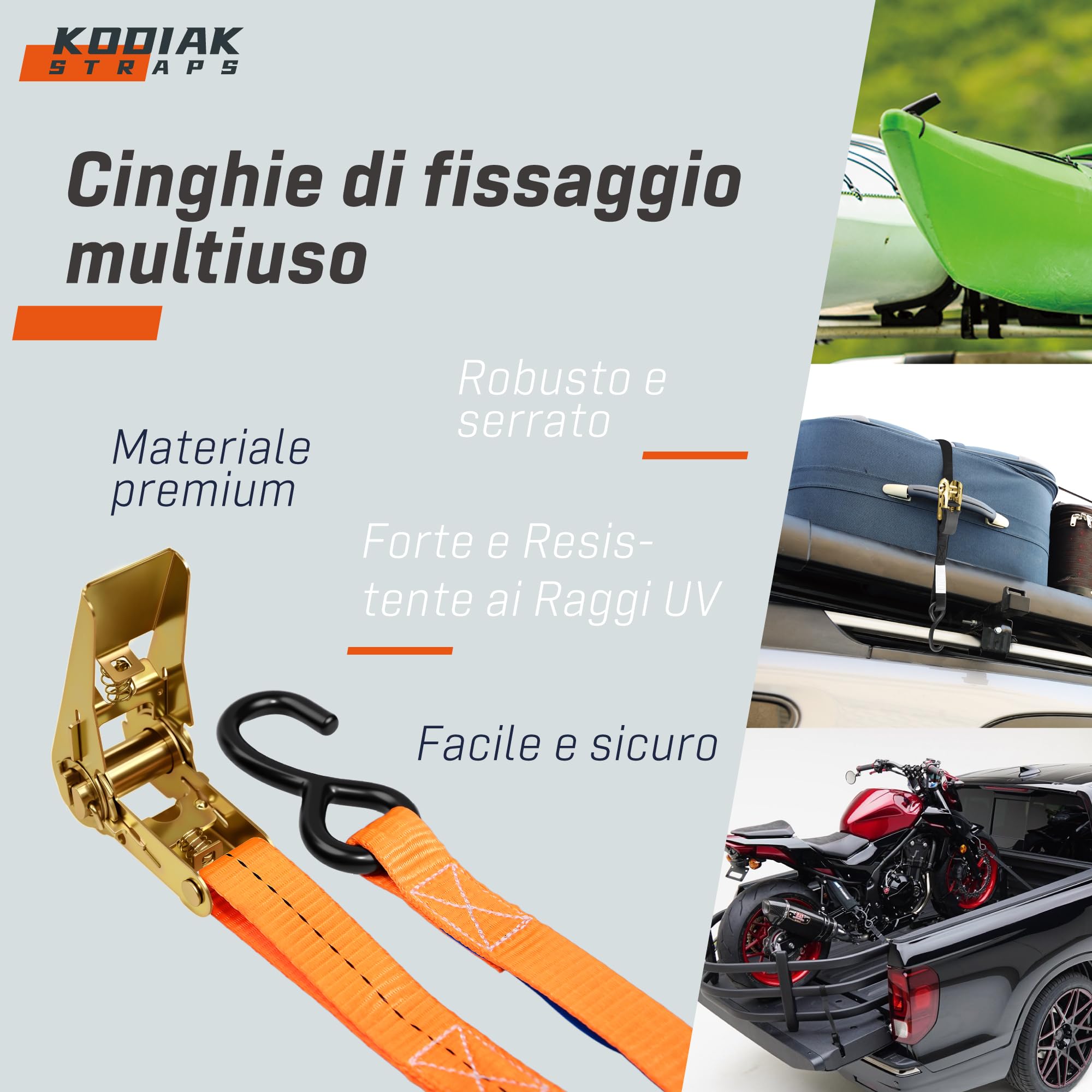 10 Cinghie di Tensione 4m x 800kg con Cricchetto e Ganci-S - Cinghie a Cricchetto da 25mm - Cinghia Arancione per la Sicurezza del Carico - Certificato TÜV/GS e secondo DIN EN 12195-2 - KODIAK STRAPS