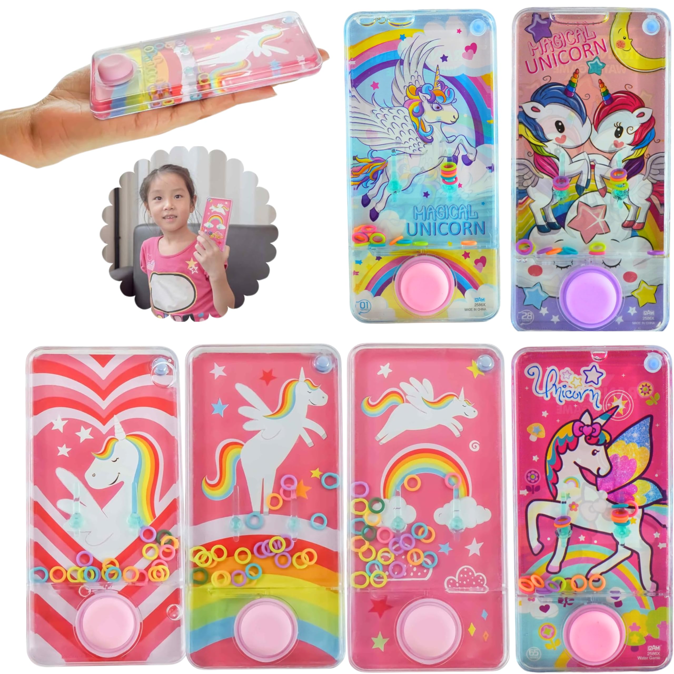 Handheld Water Ring Toss Game 14cm, Retro Ocean Aqua Toy with Unicorn Design, Stress Relief Travel Toy, Fun Kids Party Favour, Stocking Stuffer Gift for Boys & Girls | 1x Random