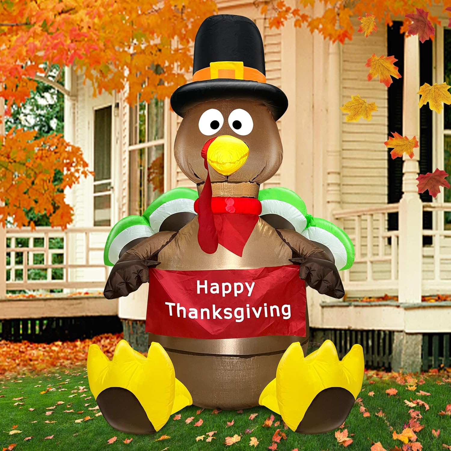 TURNMEON 4 Ft Thanksgiving Inflatable Decorations Outdoor, Blow up Turkey Holds Happy Thanksgiving Banner LED Lights for Yard Lawn Garden Fall Autumn Decoration Home Decor Outside Indoor