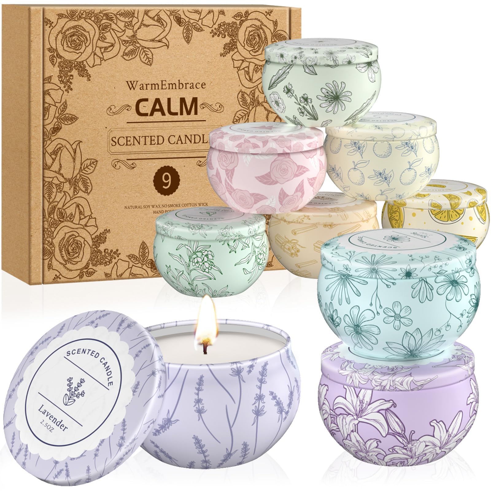 WarmEmbrace Scented Candles, Candle Set of 9, Long-Lasting Candles for Women, Candle Present Set for Birthday, Valentine's Day Scented Candles for Her