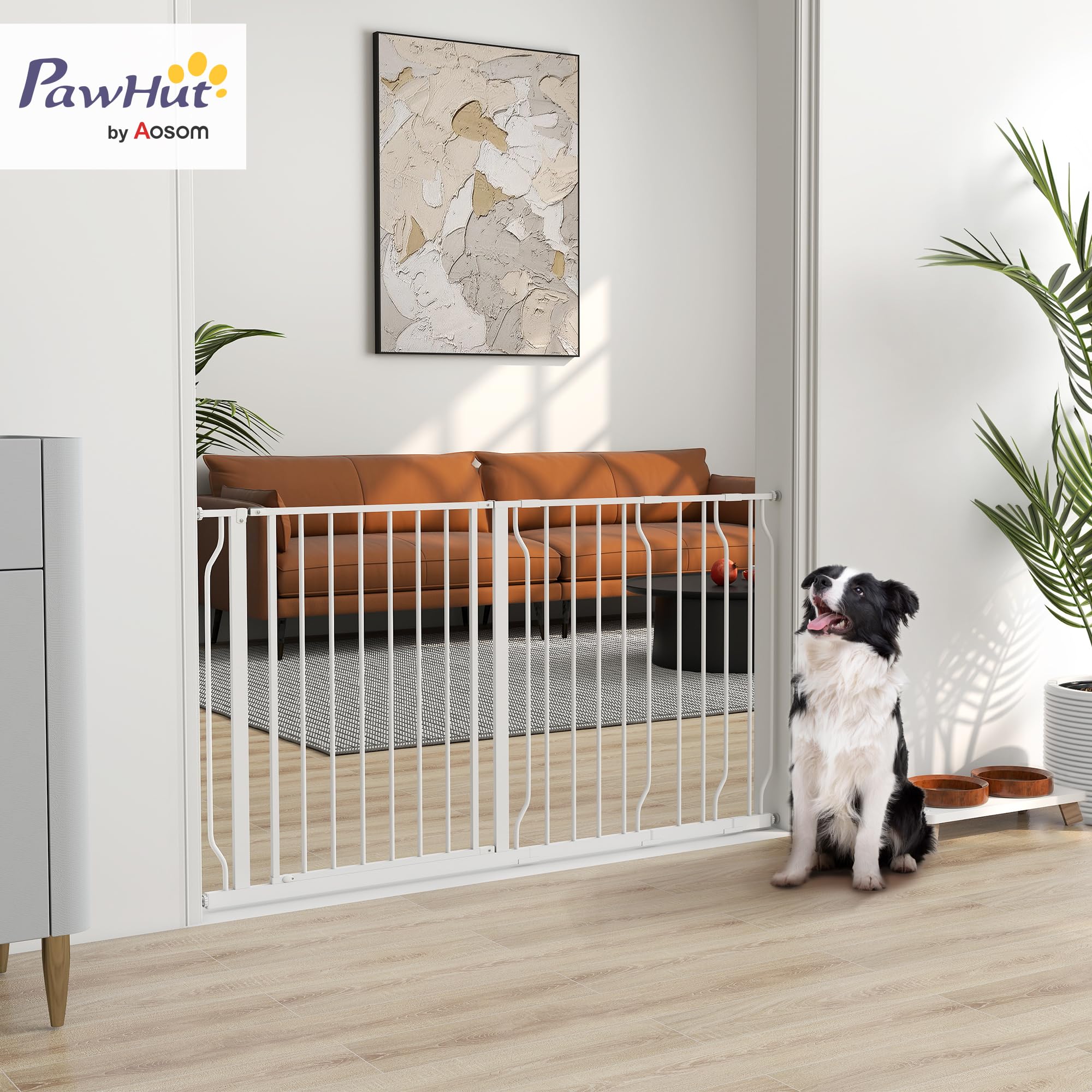 PawHut Barrera de Seguridad para Perros Extensible 75-145 cm para Puertas y Escaleras Puerta de Seguridad Apertura en Dos Sentidos y Solo una Mano Extensiones Montaje a Presión y Doble Bloqueo Blanco