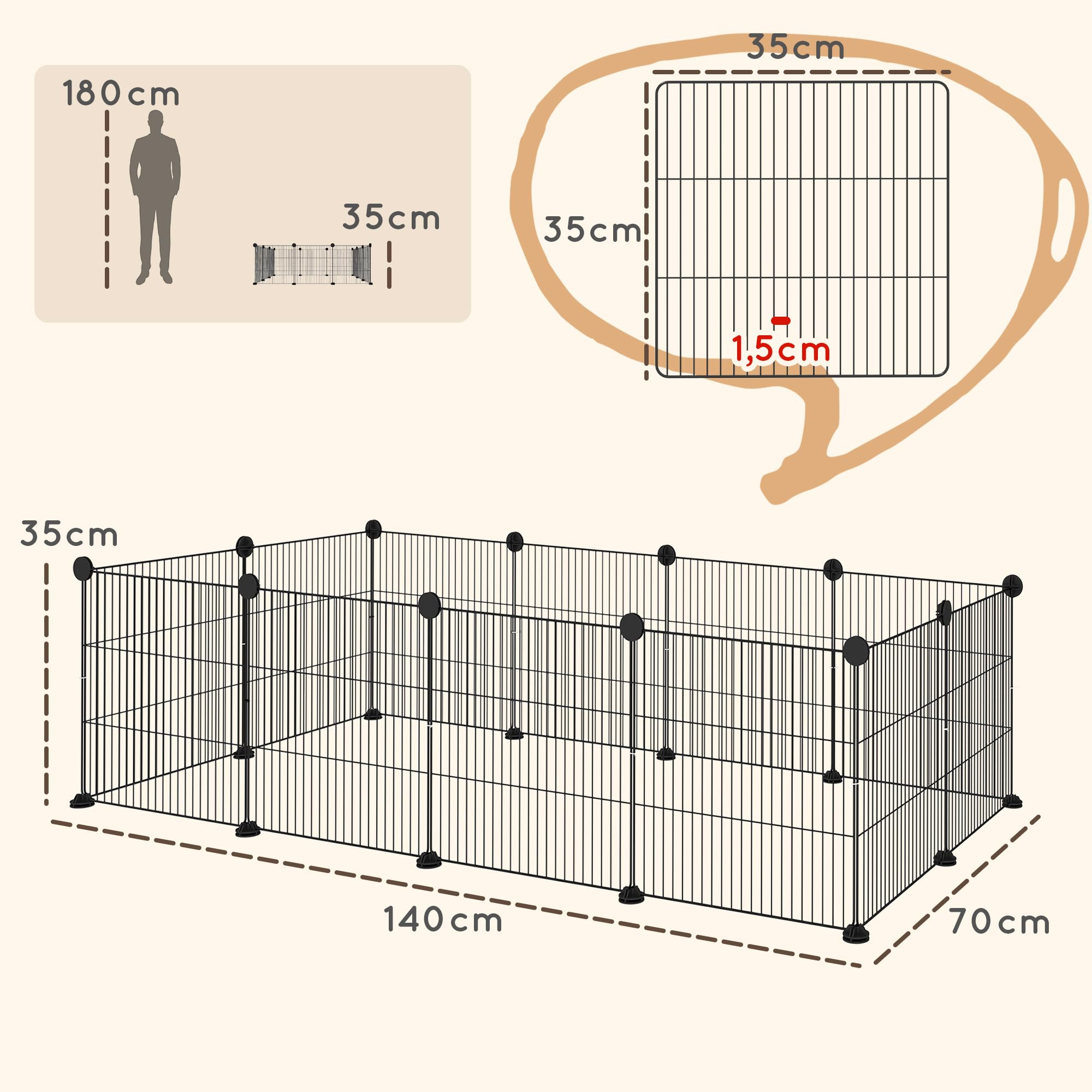 PawHut Valla Metálica para Mascotas con 12 Paneles Diseño DIY Parque Metálico para Animales Pequeños Desmontable para Erizo Conejos 140x70x35 cm Negro