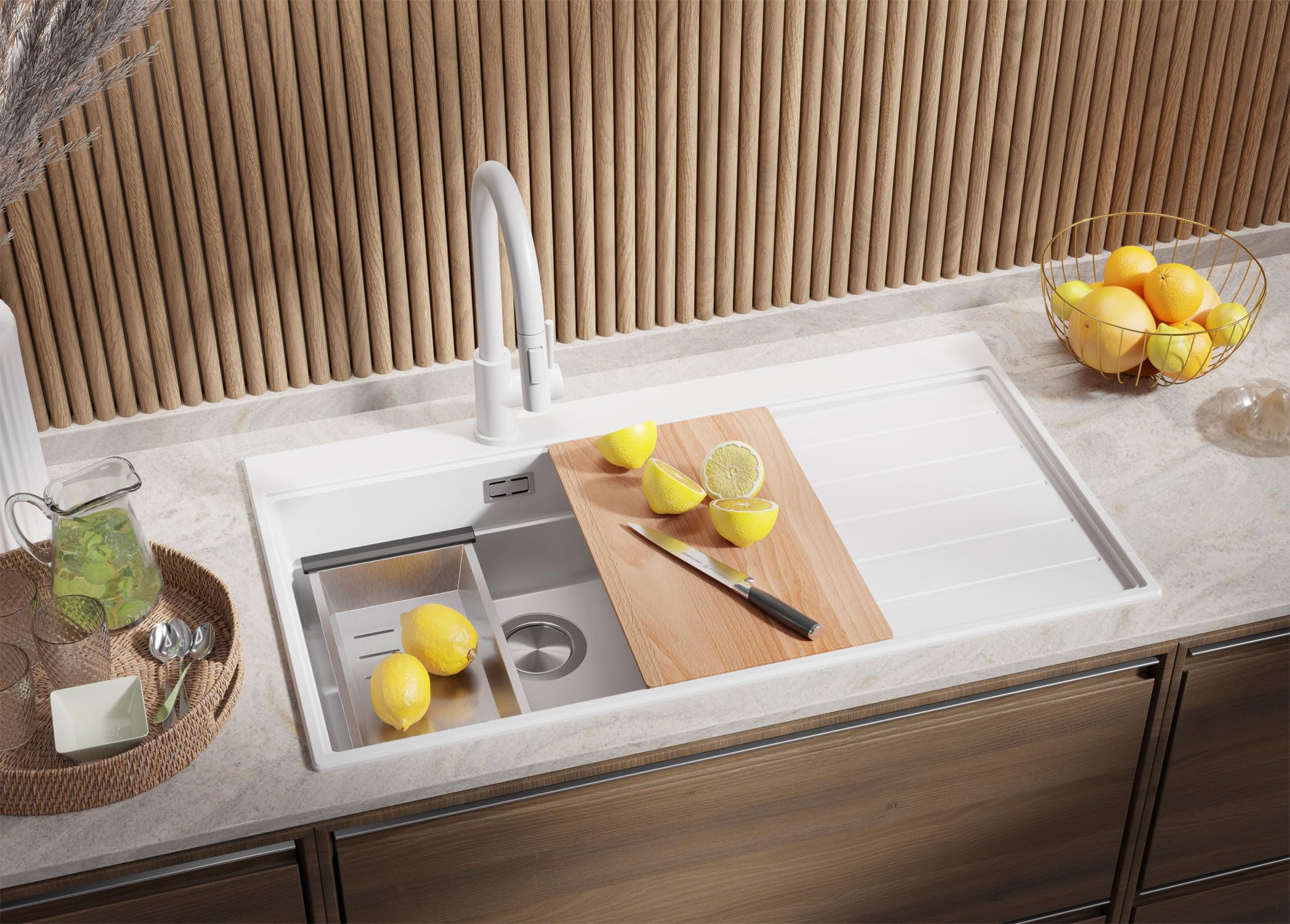 PRIMAGRAN Evier Cuisine en Granit au Meuble 60cm + Kit de Vidage, 90x50cm