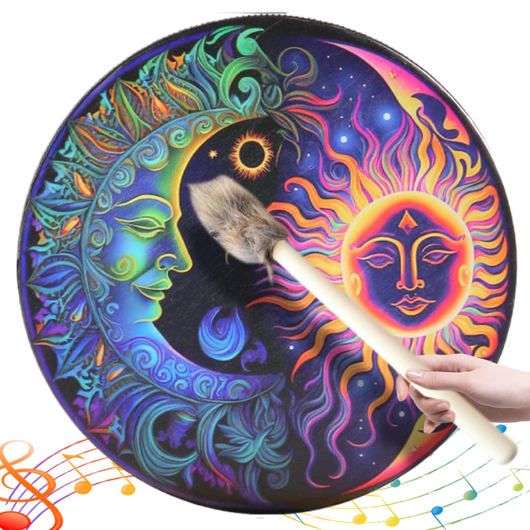 Tambour de buffle, 10 dans du tambour de chaman avec bâtons, motif soleil-lune, sonière chamanique