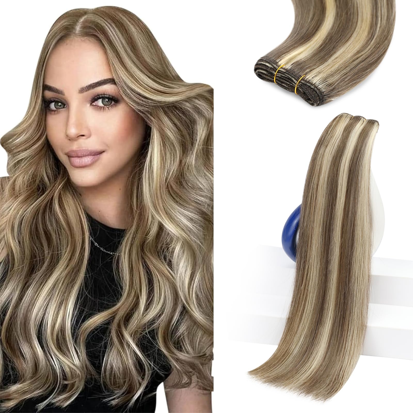 Sunny Hair Sew in Hair Extensions Real Human Hair 14inch Light Brown Mix Blonde Highlights Human Hair Weft Extensions For Women Real Hair Silky Soft