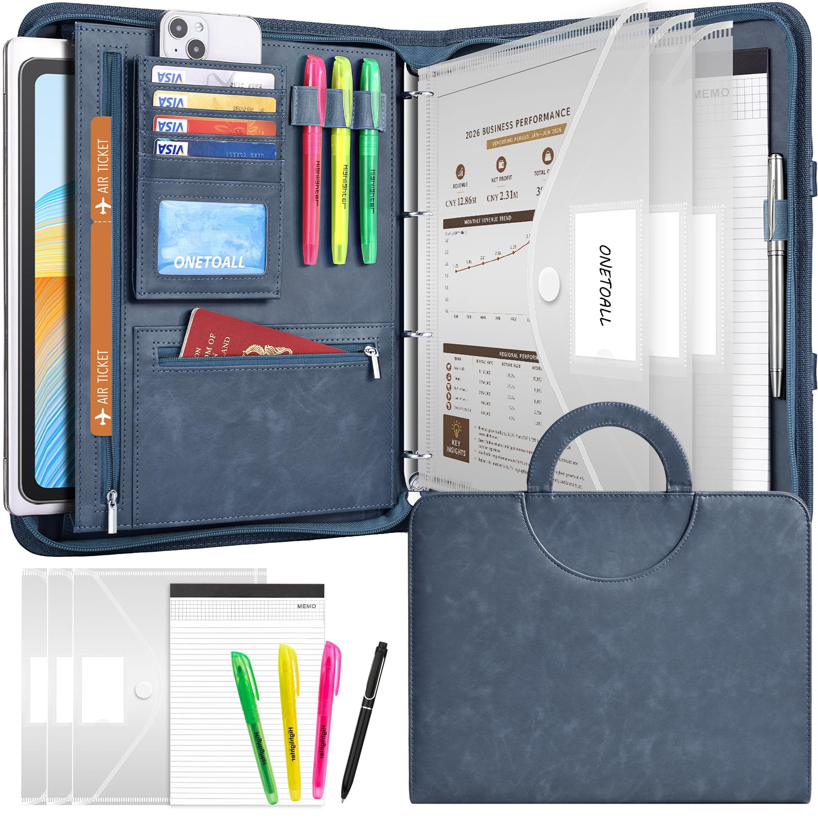 ONETOALL Portfolio Folder A4 4-Ring with Handle & Zipper Closure Blue