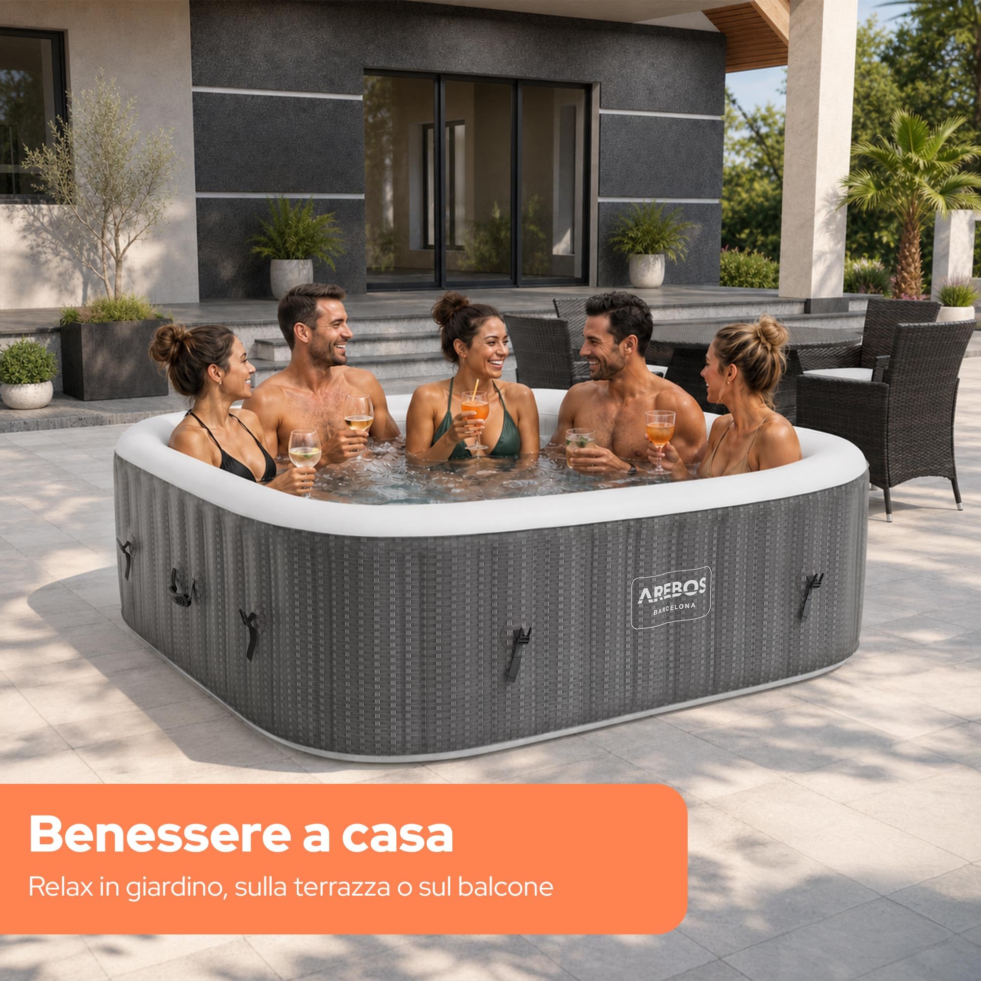 Arebos Spa idromassaggio 2400W | Piscina all'aperto | per 6 persone 185x185cm | 130 getti massaggianti | 910 L con riscaldamento | Funzione di gonfiaggio con un pulsante | Copertura inclusa | Bubble S