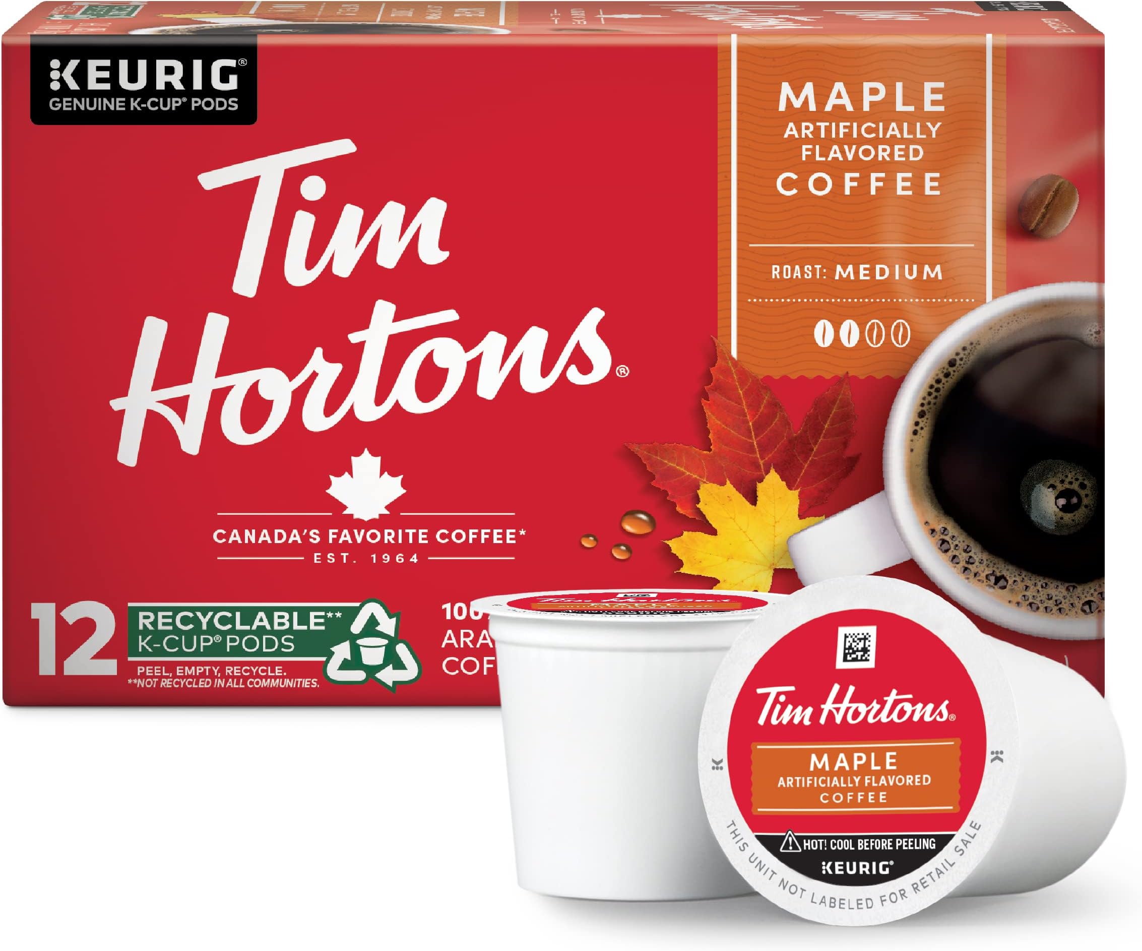 Tim Hortons Maple Flavored Coffee, Single-Serve K-Cup Pods Compatible with Keurig Brewers, Red, 12 Count (Pack of 1)