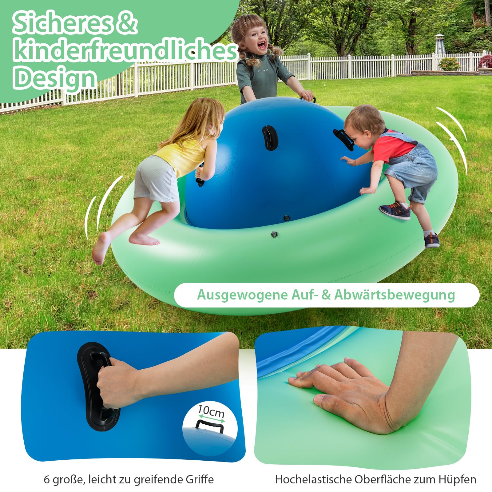 DREAMADE 233cm Kuppelwippe aufblasbar, Spielwippe mit 6 Griffen, aufblasbar Kletterkuppel für 3 Kinder ab 5 Jahren, bis zu 113kg, für Hinterhof Garten (Blau + Grün, φ 223)