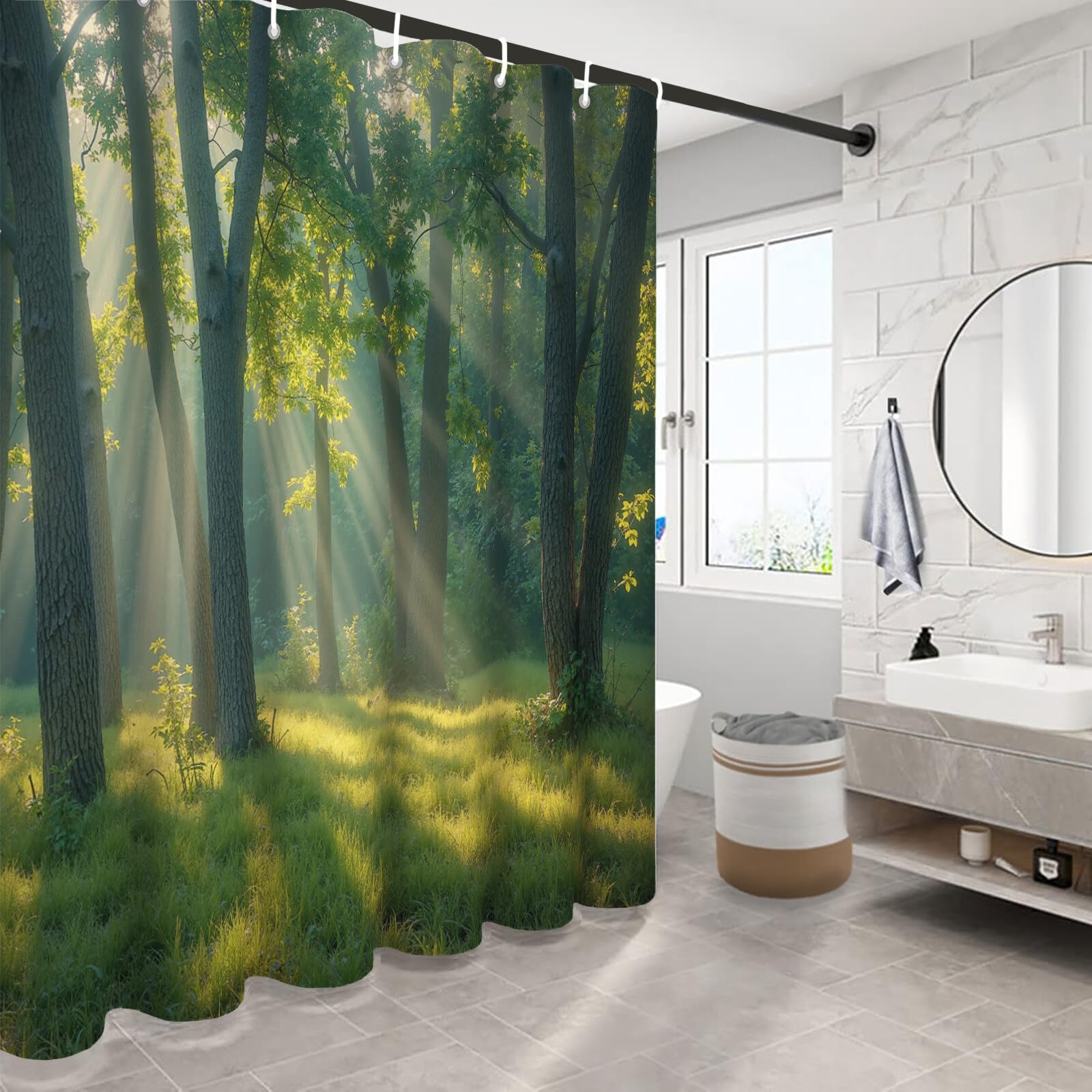Rideau Douche,Rideau Baignoire Lavable en Machine Rideaux Douche Tissus Lavable Rideau De Baignoire Lavable pour Salle De Bain Domicile Baignoire Famille,Forêt Ensoleillée,