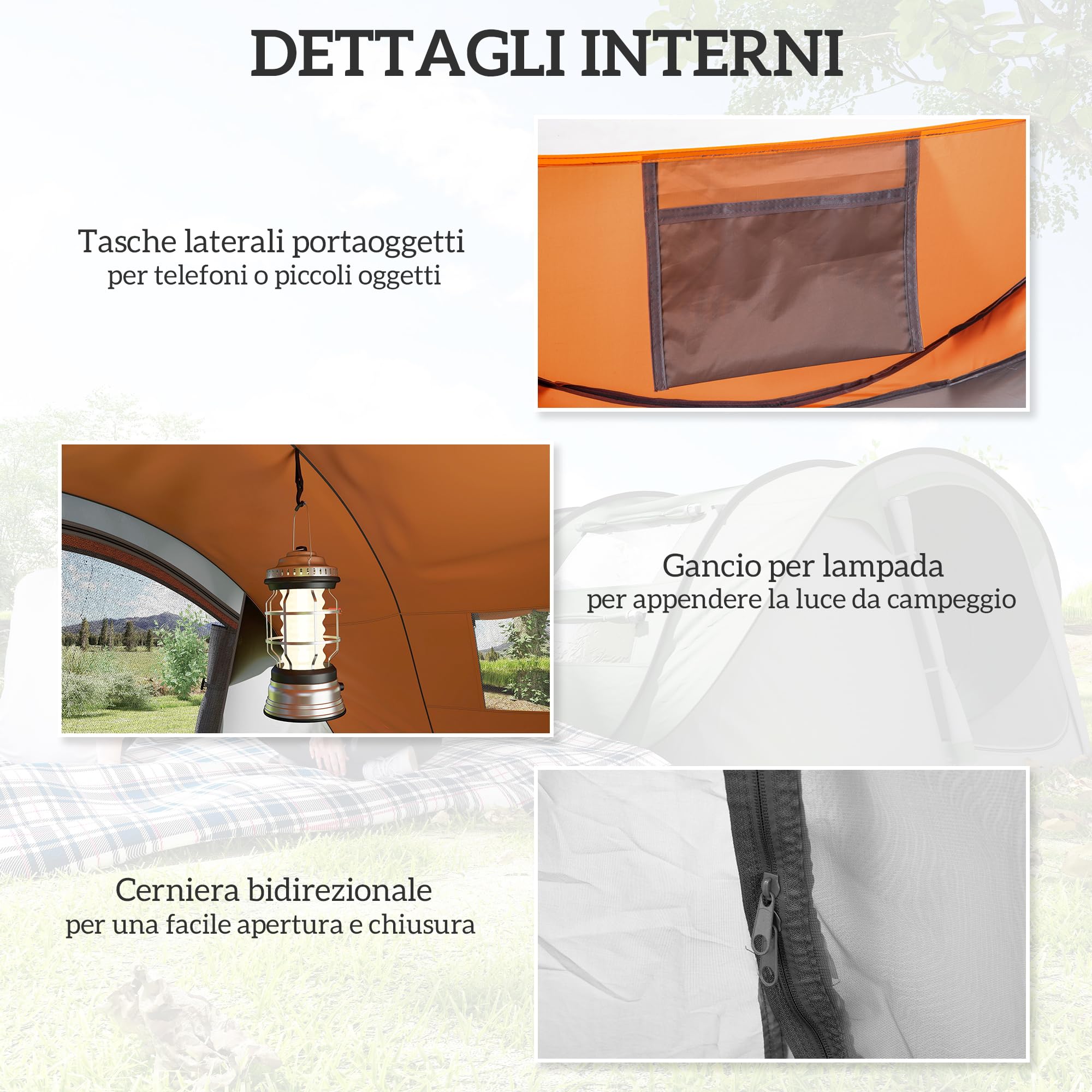 Outsunny Tenda da Campeggio Pop Up 4 Persone 2000mm Anti UV 20+ 263.5x220x123 cm Arancione