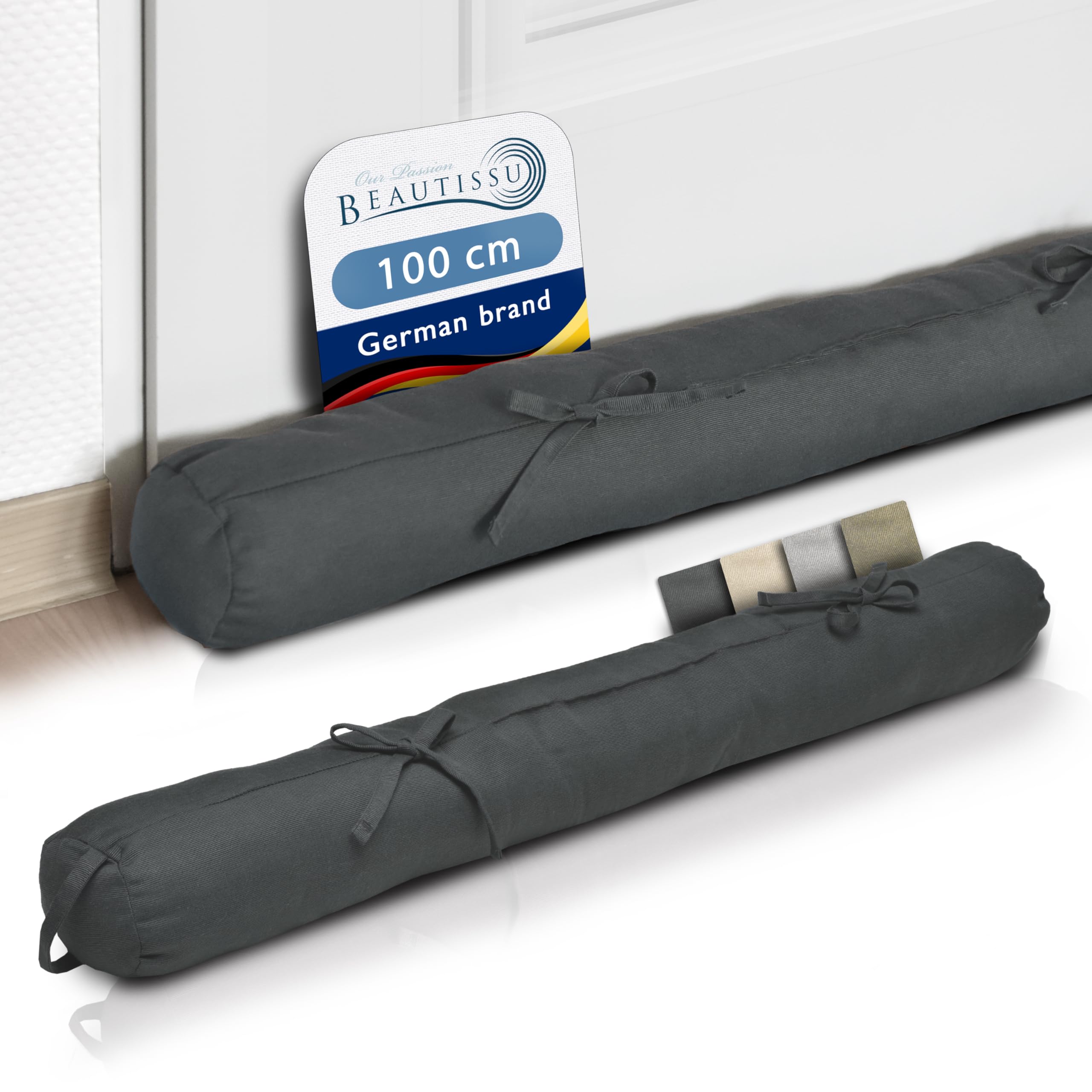 Beautissu Draught Excluder 10x120cm Viento - Large Draft Excluder for Doors Anthracite - Door Sausage Draught Stopper for Window & Door Draft Stopper with 2 Ribbons