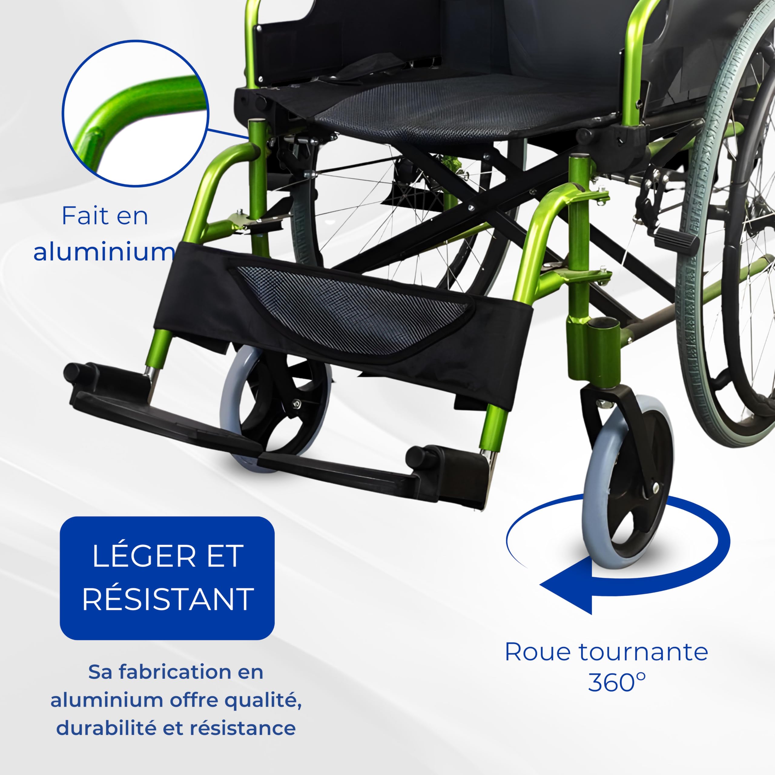 Mobiclinic®, Bolonia, Fauteuil roulant, Pliable et léger, Aluminium, Dossier divisible, Repose-pieds amovible, Pliables, Accoudoirs pliants, Pour adultes, Vert