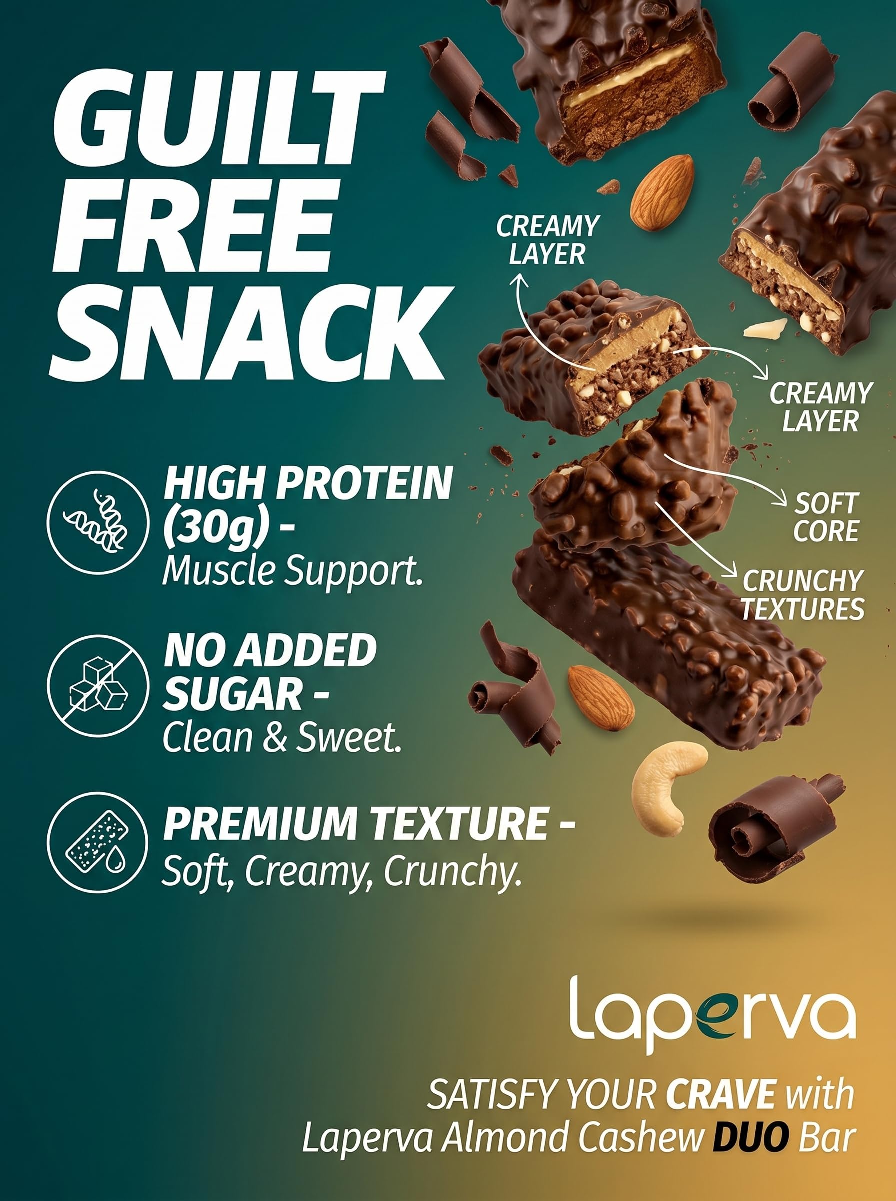 Laperva Barre Protéinée Amande & Noix de Cajou, 33% Protéines, Snack Healthy Végétarien, Keto Friendly, Faible en Sucre, Riche en Fibres, Coupe-Faim, Énergie et Contrôle du Poids, Lot de (18 Barres)
