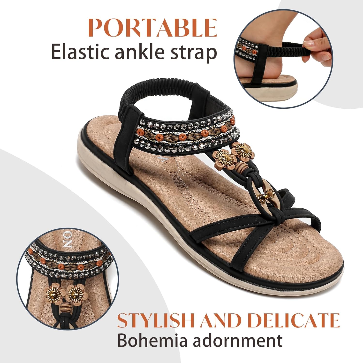 Women’s Arch Support Sandals – Comfortable Walking Summer Beach Shoes with Elastic Ankle Strap, Rhinestone Bohemian Dressy Flats for Travel & Casual Wear