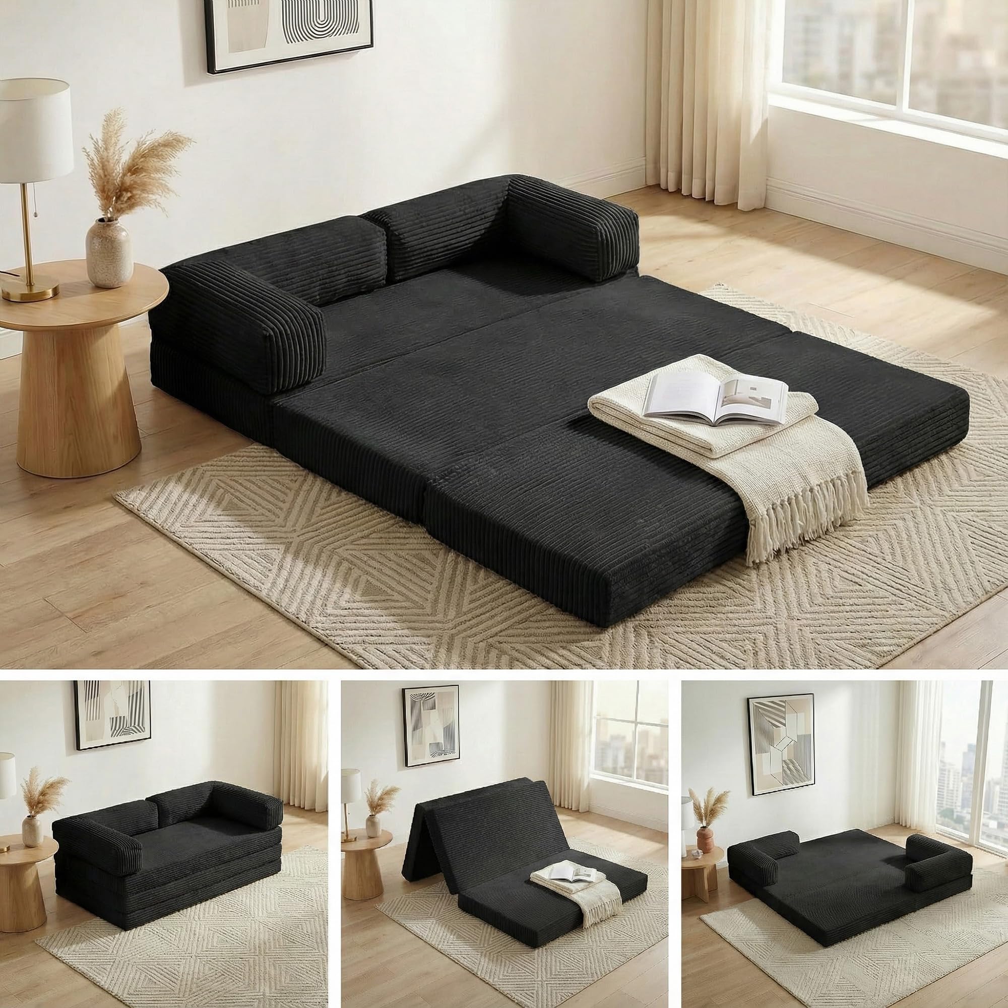 Convertible Sofa Bed Full,5-in-1 Tri-Fold Boneless Couch with Removable Armrests & Handle,Corduroy Futon Sleeper Sofa,Floor Folding Mattress Pull Out Bed for Small Space Apartment Bedroom Black