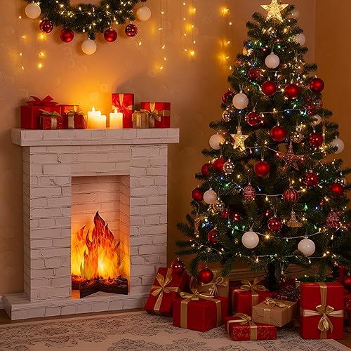 Miniatura 7 de 1 juego de chimenea corrugada de Navidad de 35.5 x 29 x 8 pulgadas, chimenea de cartón con llama de fuego 3D, soporte de cartón de tamaño real 3D