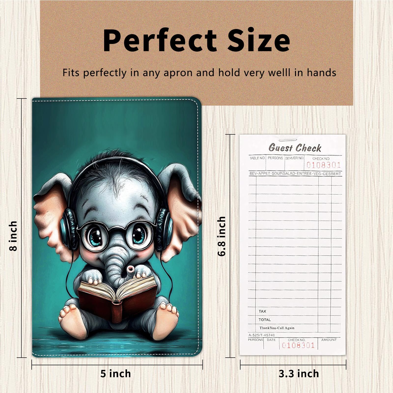 Server Book for Waitress, Cute Serving Books with Zipper Pocket, Leather Server Check Book Ticket Book Holder, Restaurant Waitress Accessories Server Booklet Organizer,Cute Baby Elephant