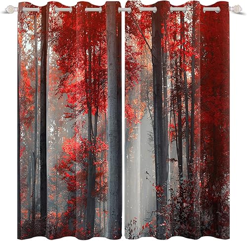 Miniatura 3 de Renaiss Cortinas opacas de bosque rojo, diseño de bosque negro brumoso, hojas rojas, cortinas de dormitorio de naturaleza misteriosa para sala de