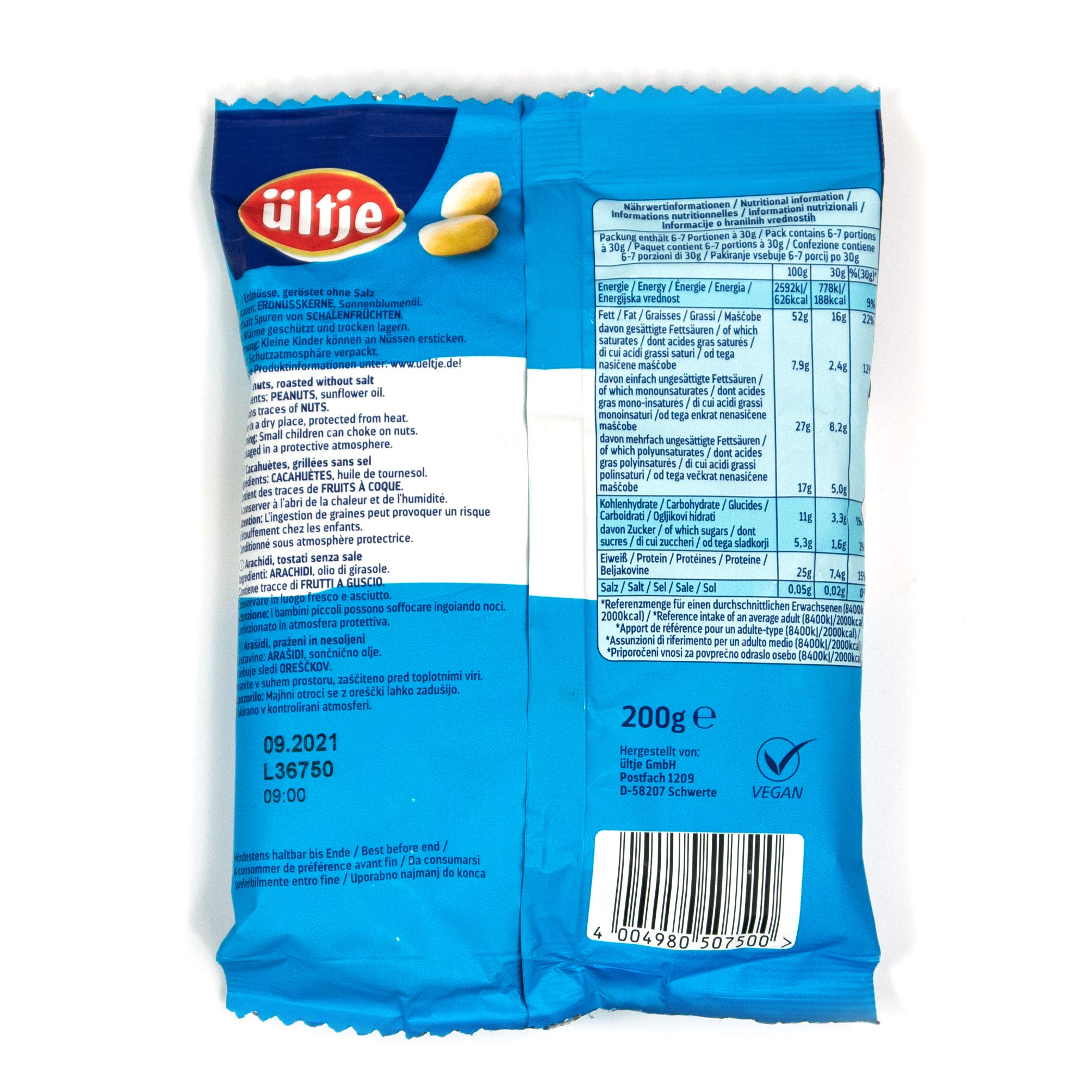 ültje - 10er Pack Erdnüsse geröstet ohne Salz 200 g Packung - Erdnusskerne ungesalzen