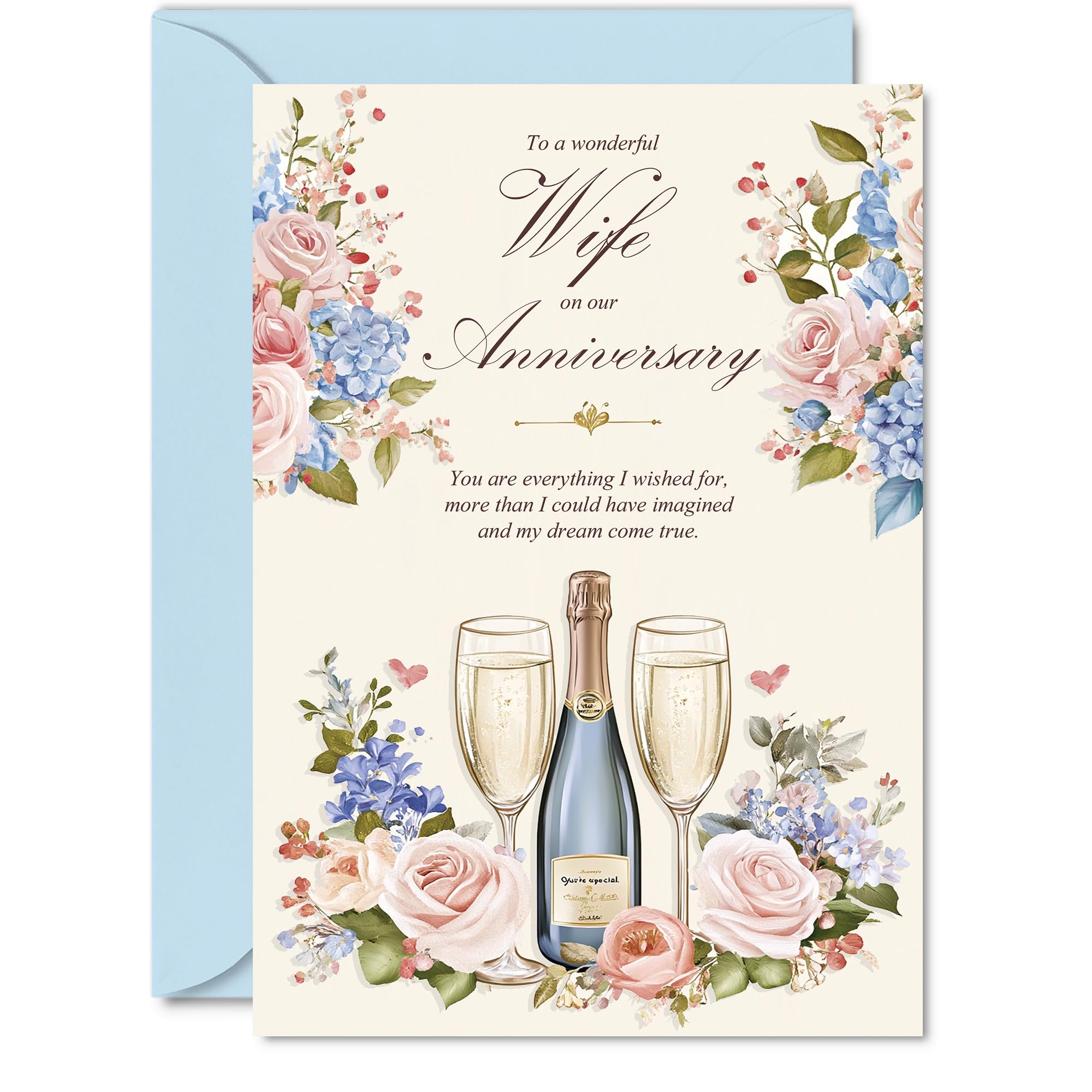 Wife Anniversary Card - Floral Champagne - Happy Anniversary Card for Wife from Husband Partner, A5 Wedding Anniversaries Greeting Cards